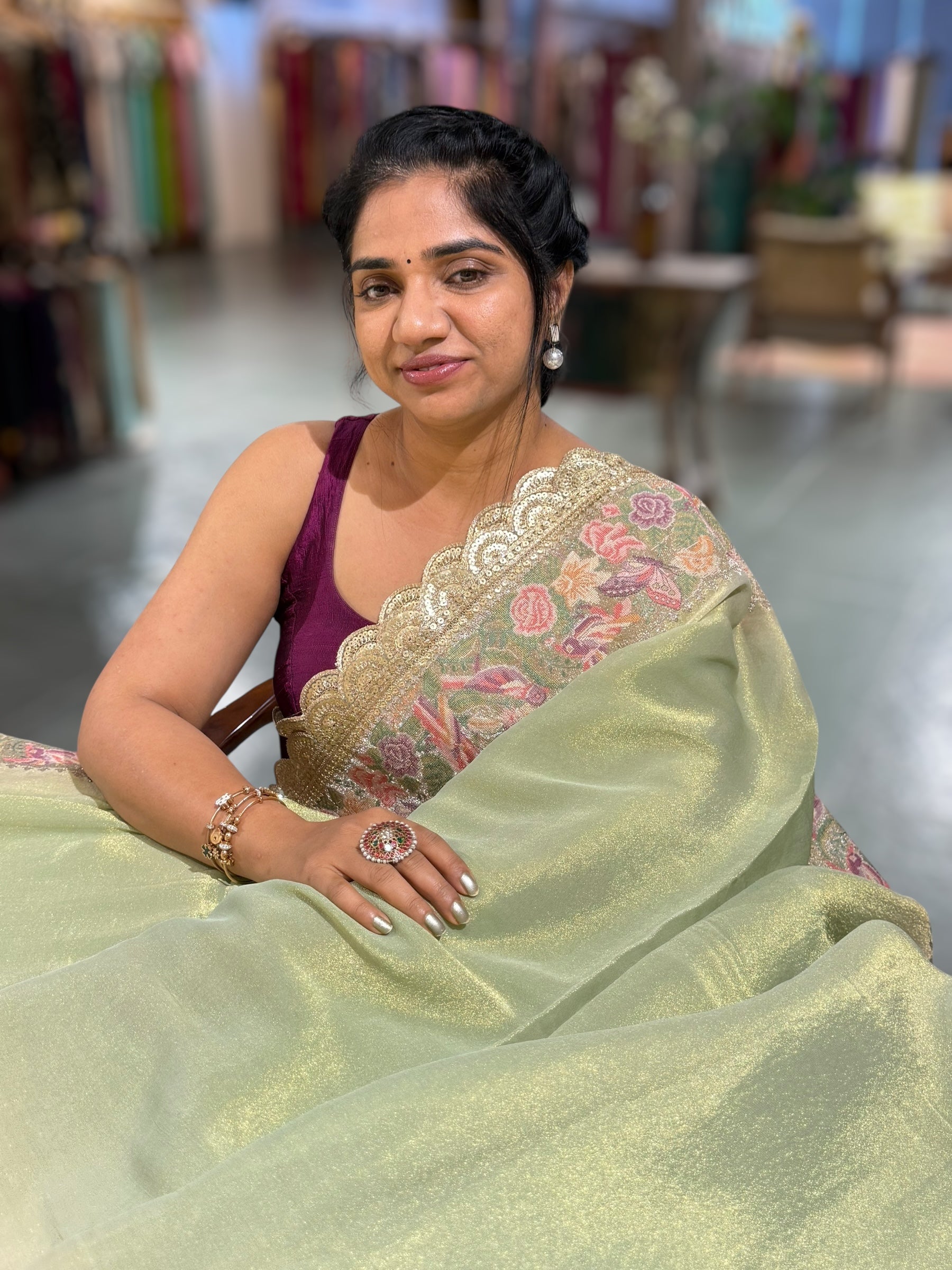 Light Apple Green Tissue Gorgette Saree With Petite Point Embroidered Border