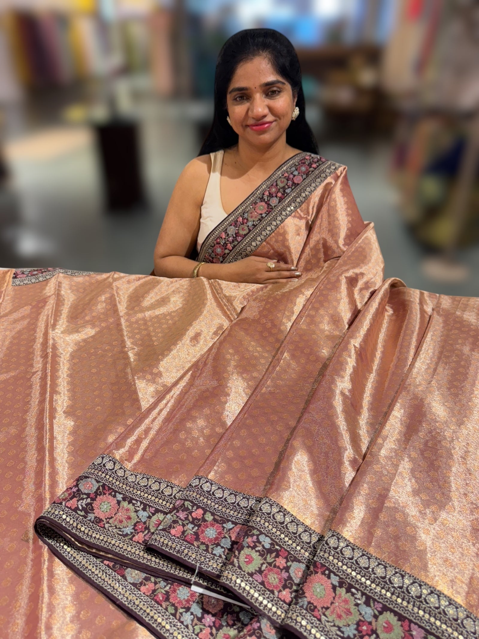 Copper Banarasi brocade tissue saree with sabhya borders