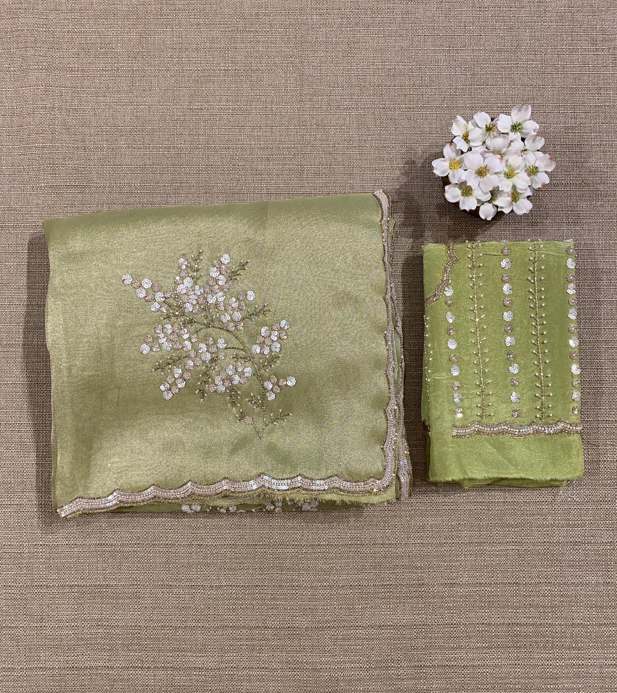Tissue Gorgette Saree With Handwork Border and Blouse.