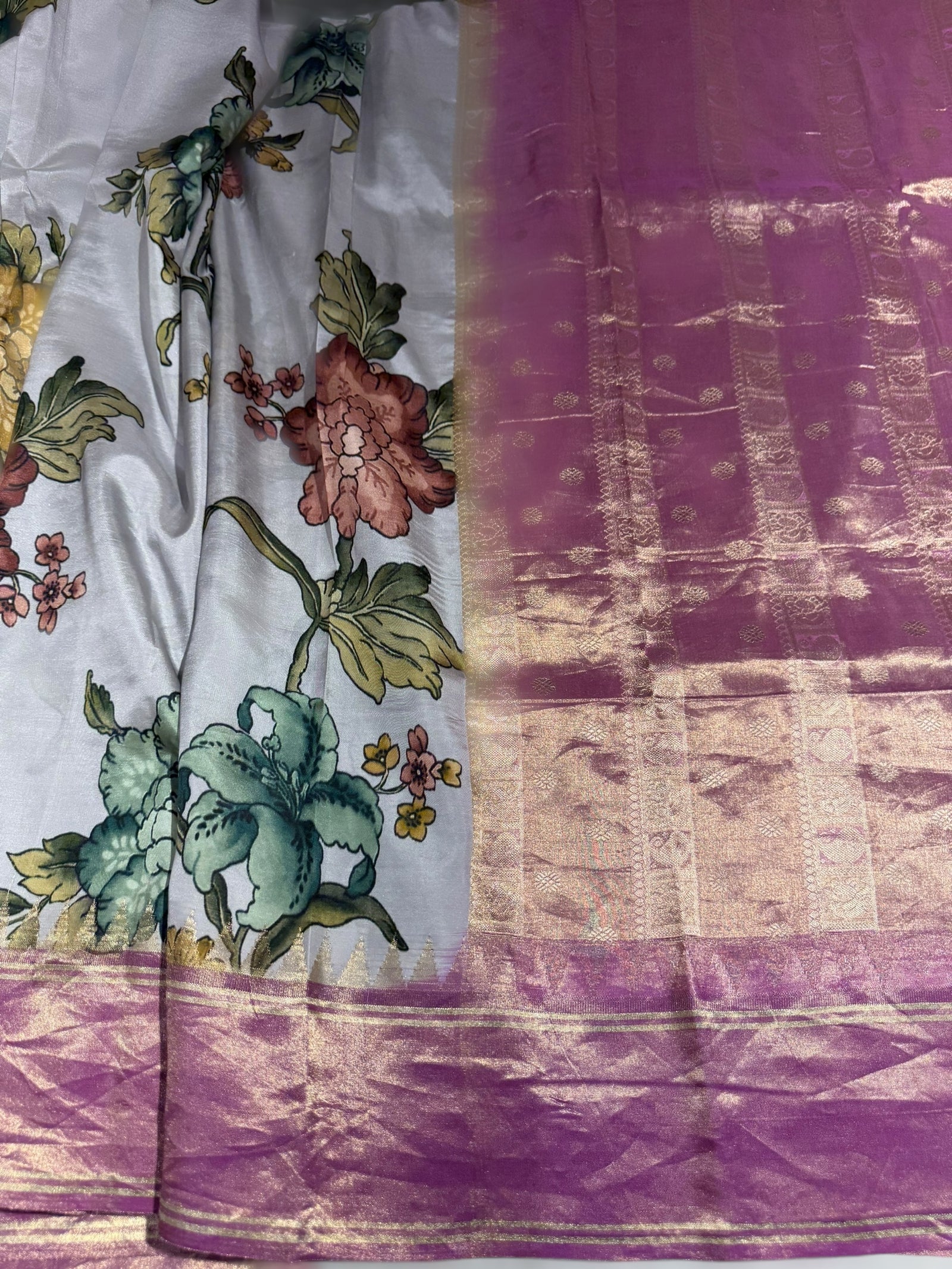 Silverish Grey Kanjeevaram Designer print saree