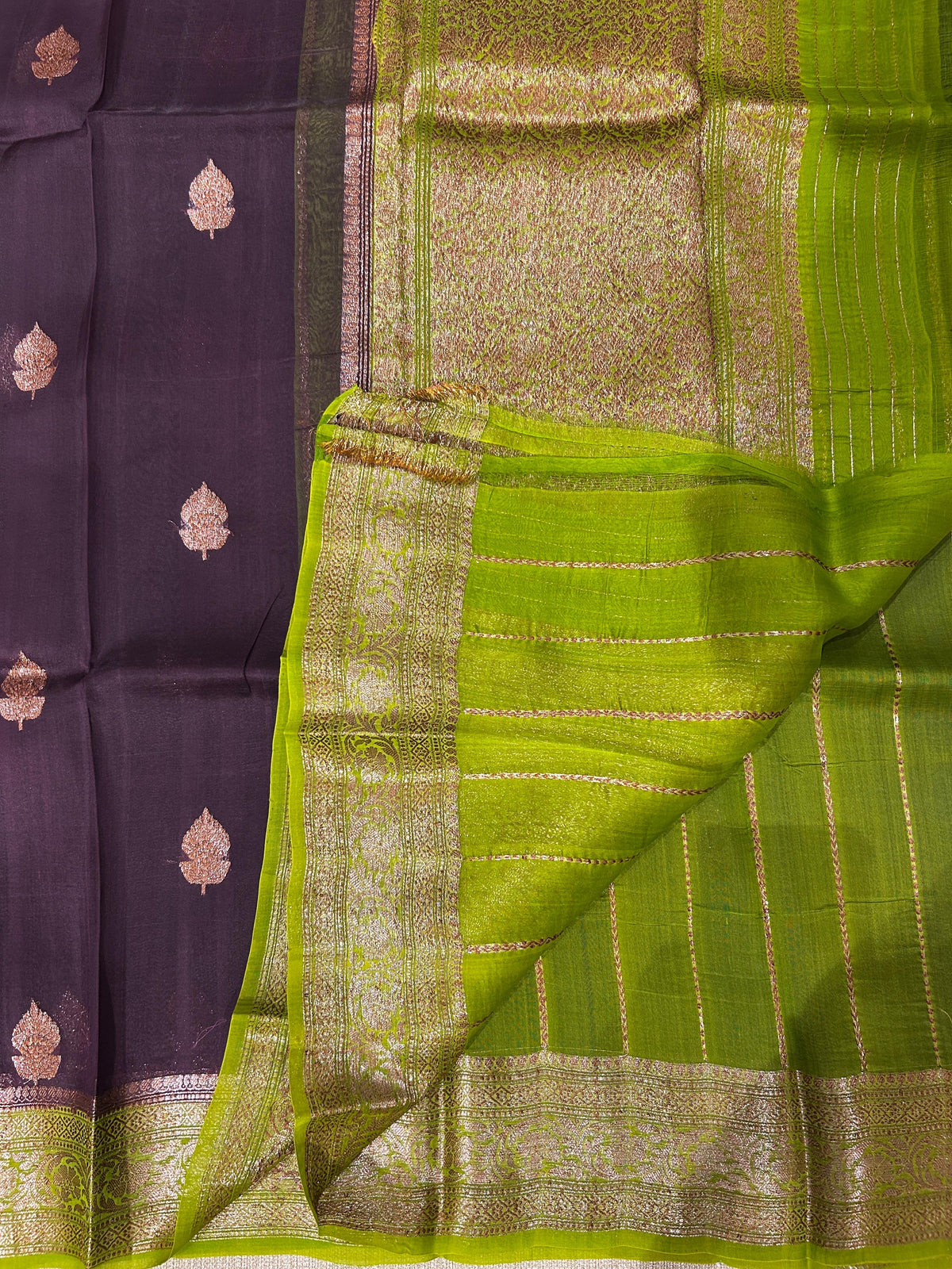 Coffee Brown & parrot Green combo Pure Handloom premium Kora Banarasi Saree