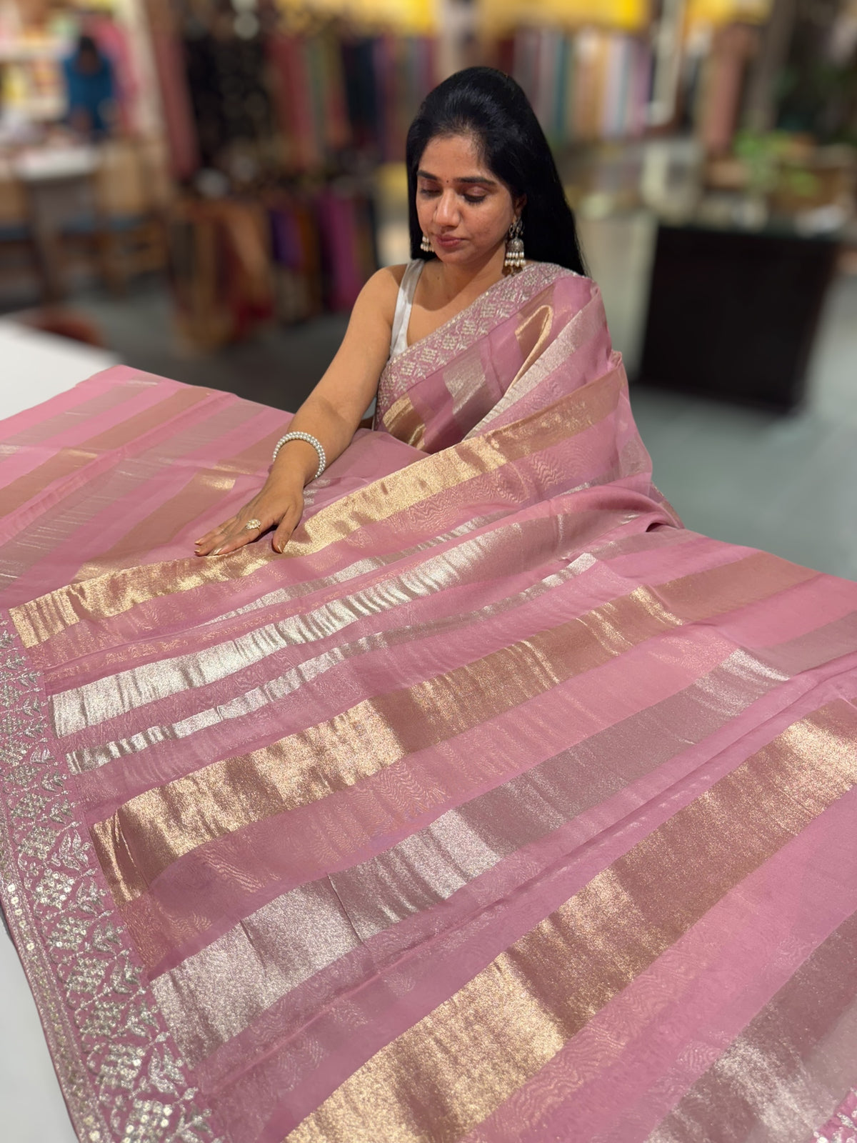 Onion Pink Kora tissue stripes saree