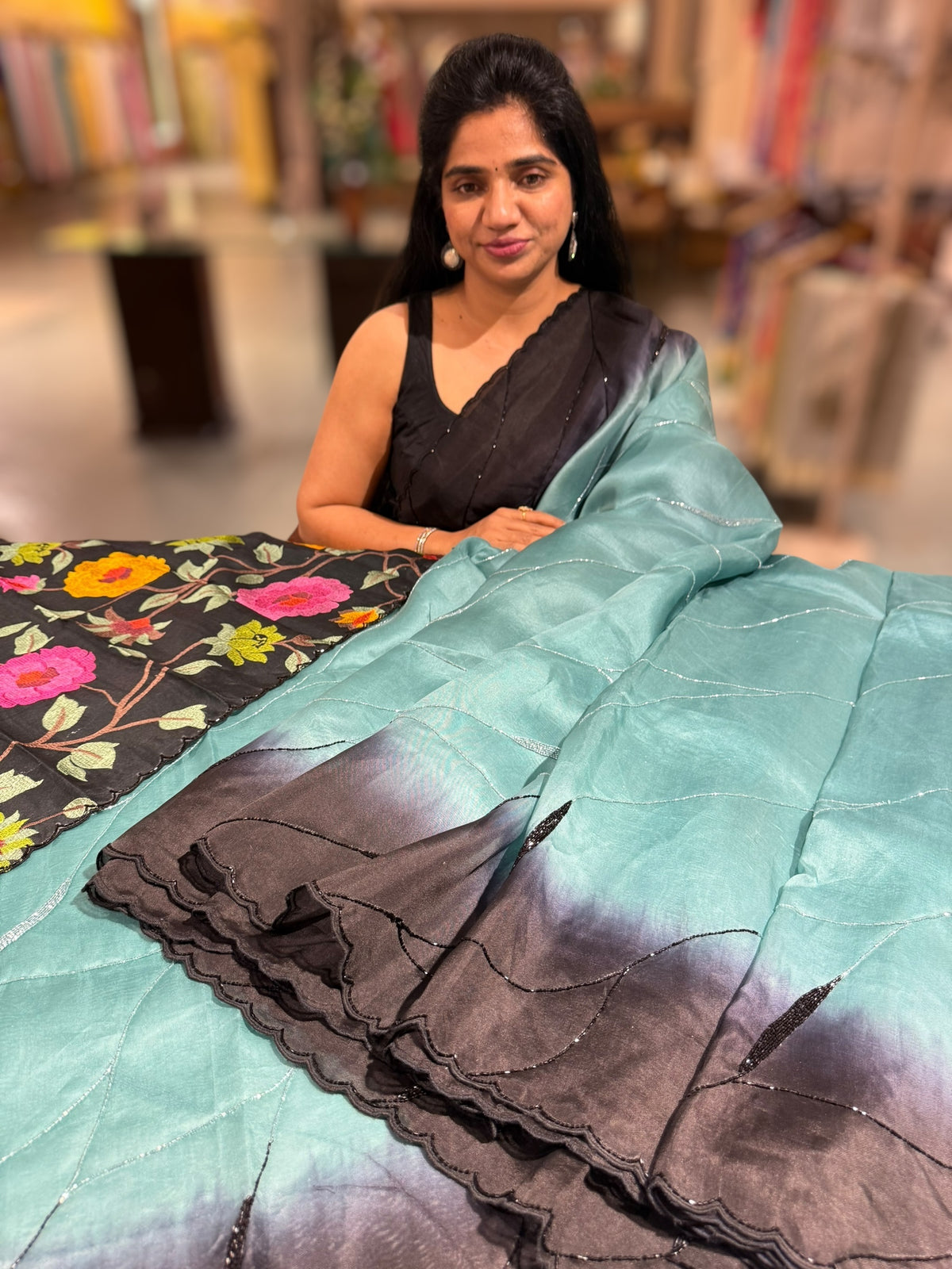 Teal & Black Ombre Dyed Pure Organza handwork saree