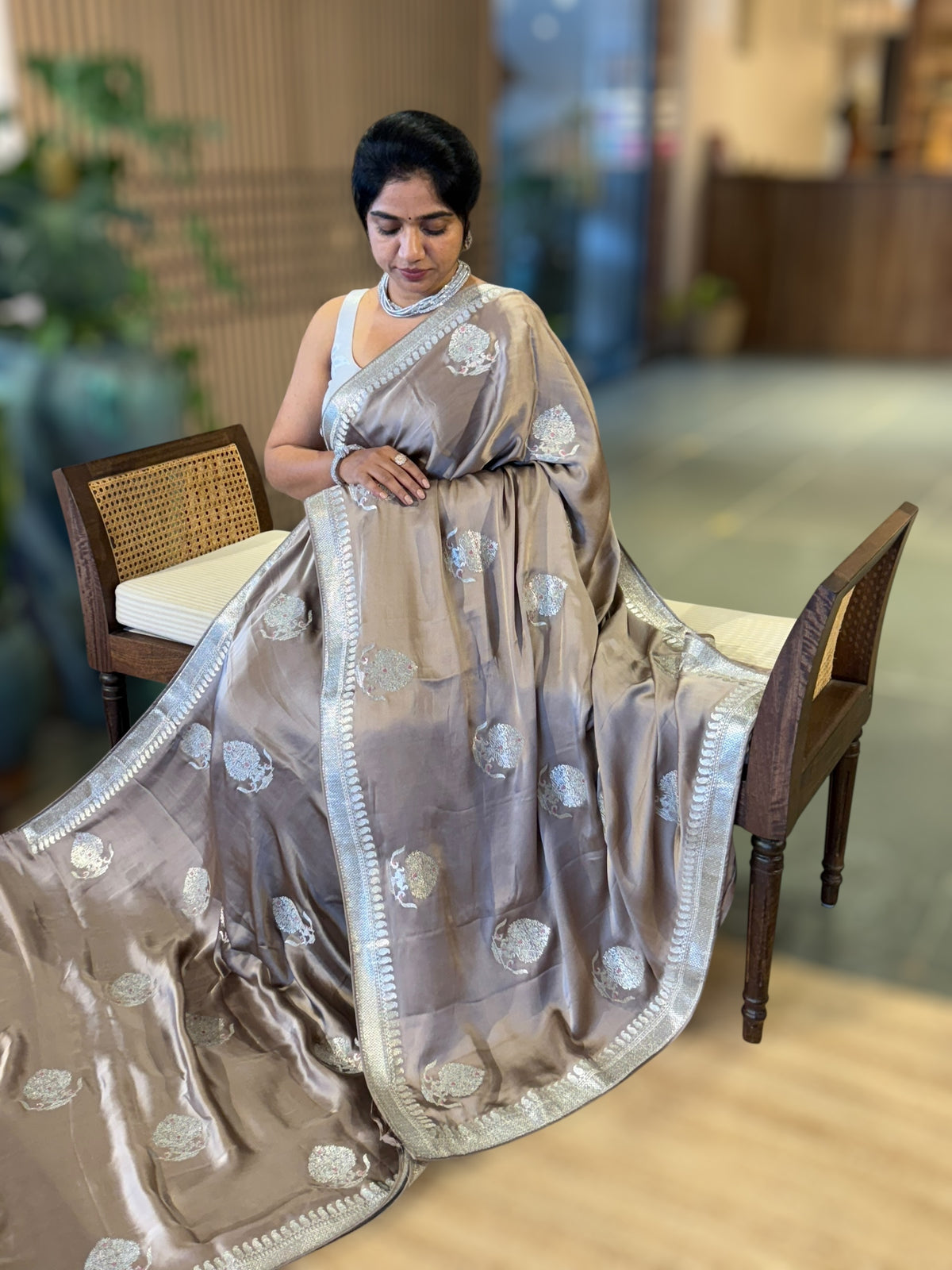 Earthy Tone Satin Saree with Embroidery.