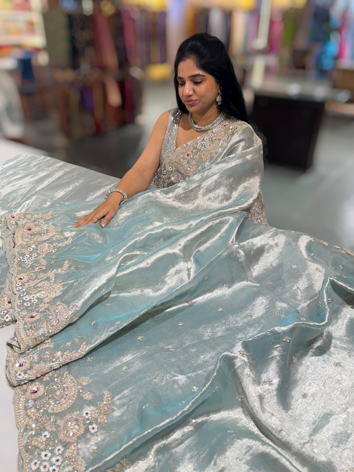 Pastel Blue tissue saree with heavy handwork