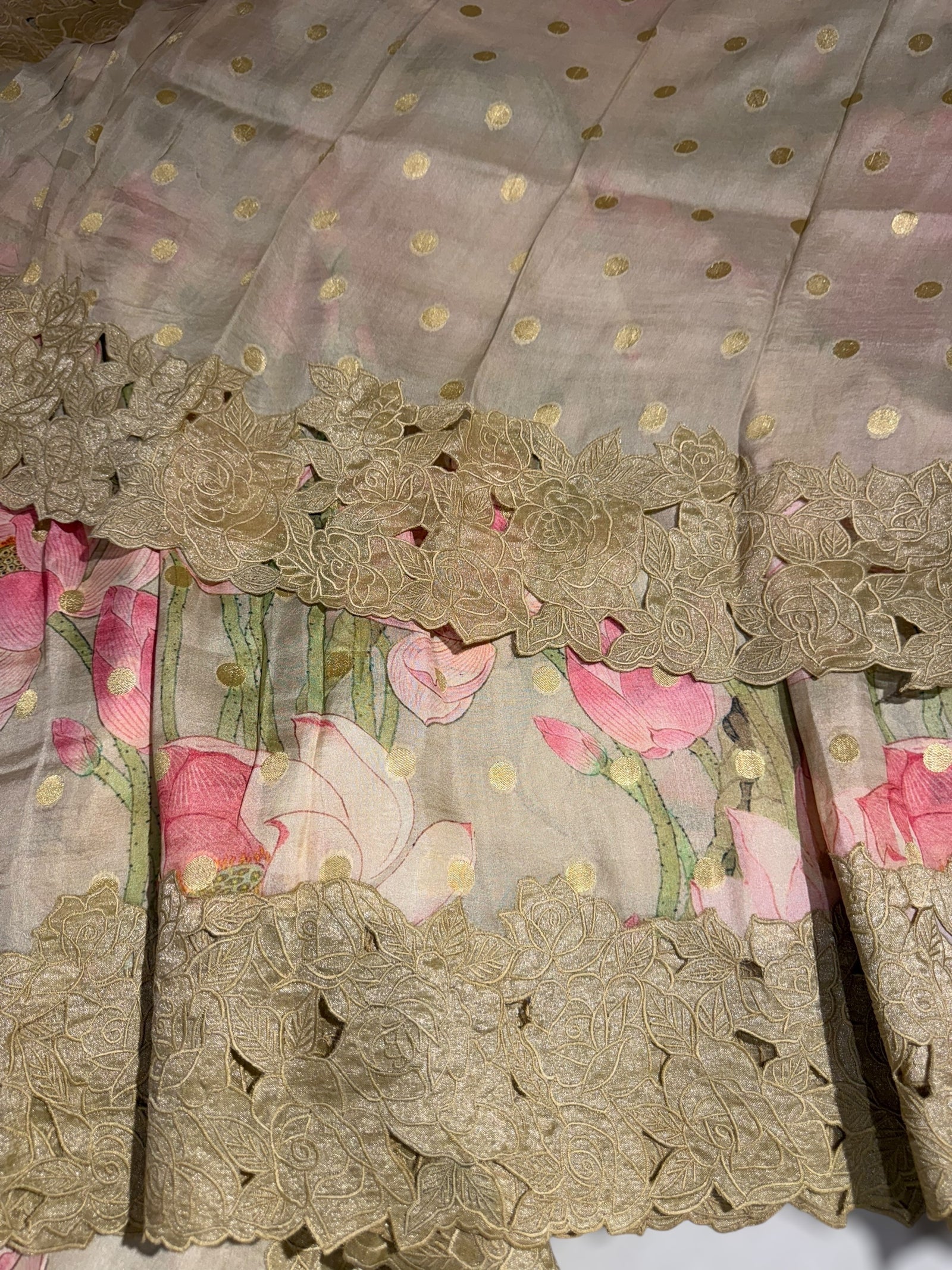 Earthy Tone Banarasi Munga Printed Tussar Khaddi With Tissue cutwork Rose Border