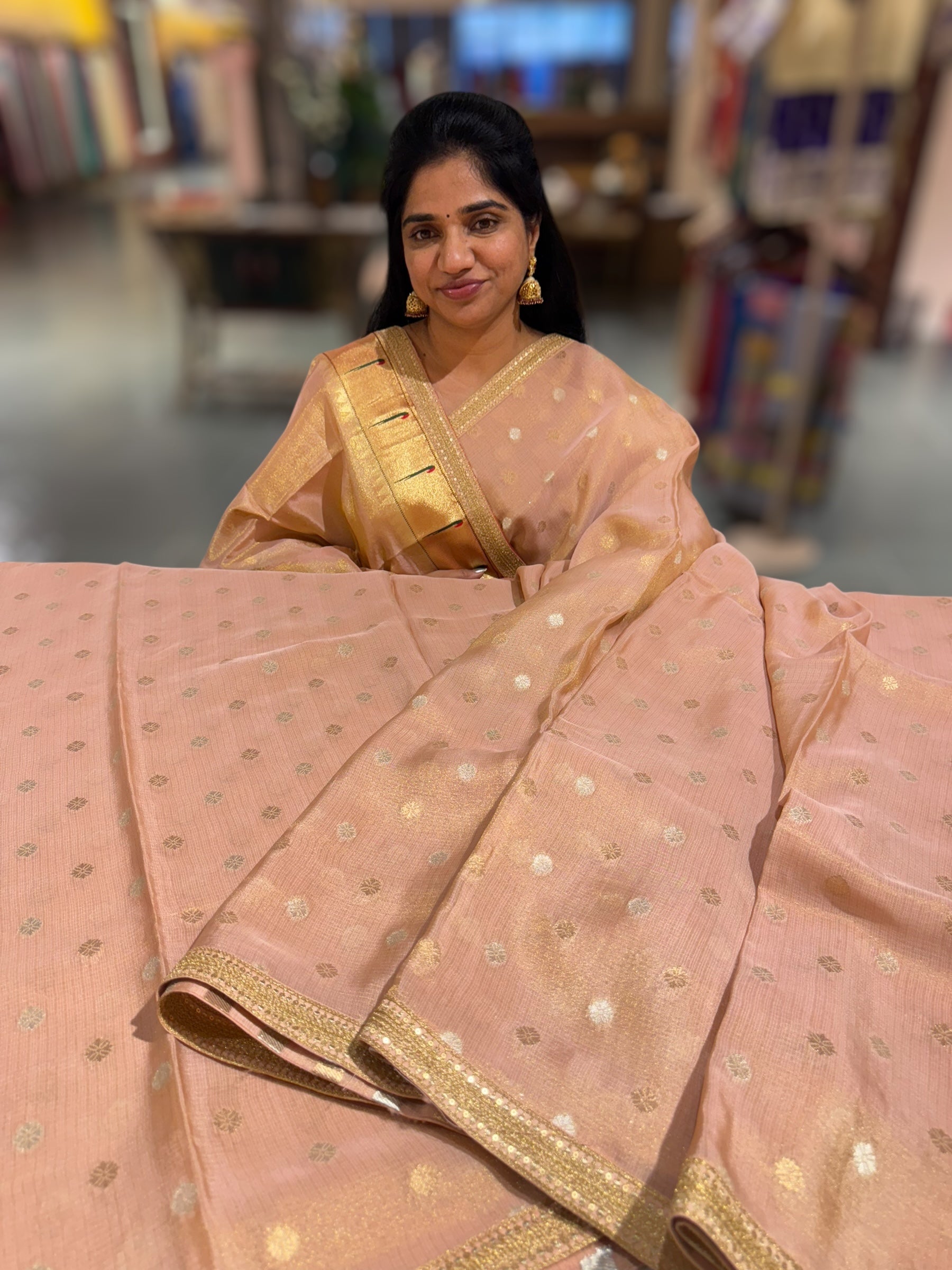 Nude Pink tissue Kota saree with sabyasachi borders and fancy Pythani tissue blosue