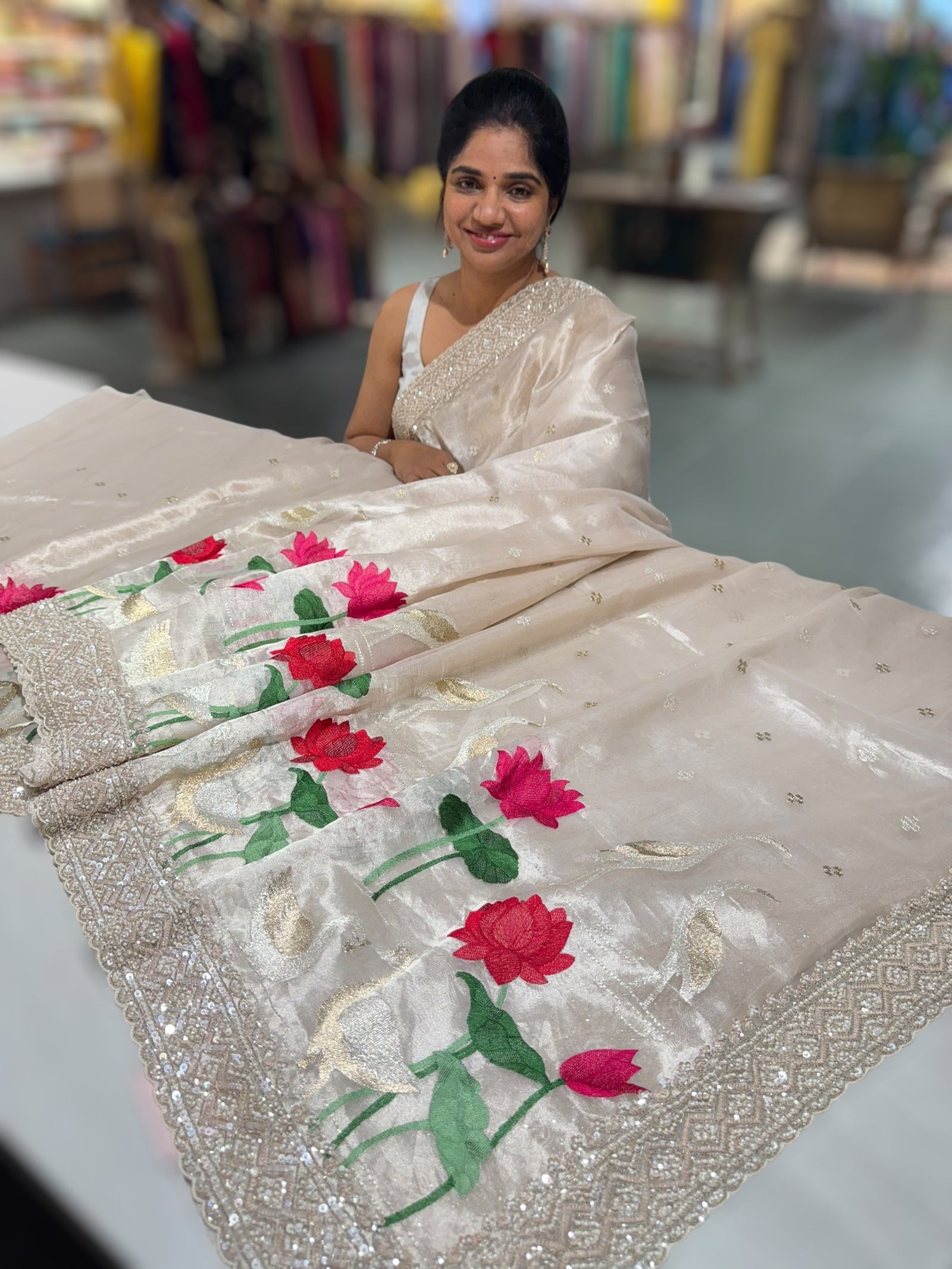 Silver Tissue Designer Saree with heavy handwork and embroidery