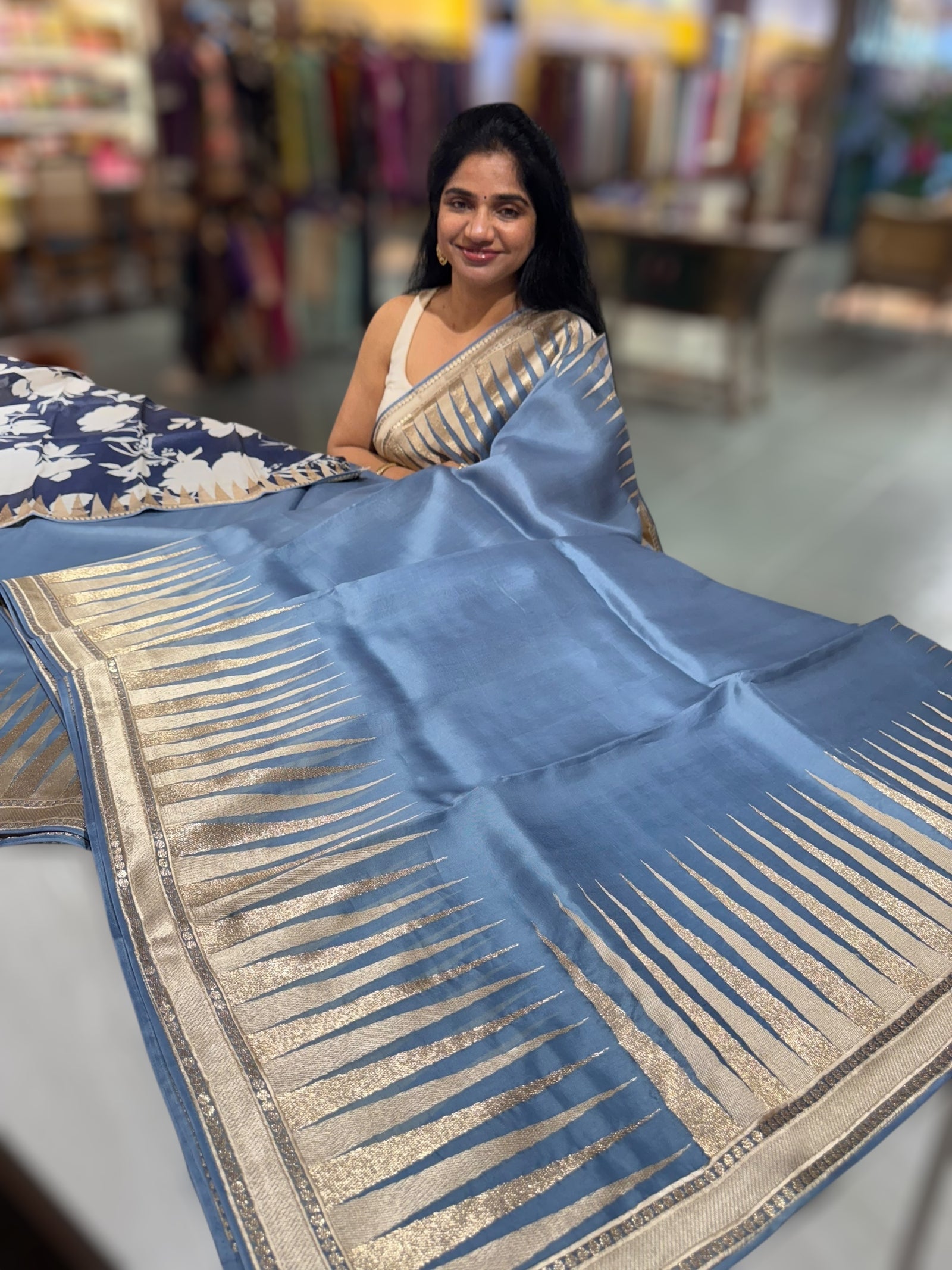 Greysih Blue Pure Organza With Temple Embroidered Border & Tussar Printed Blouse