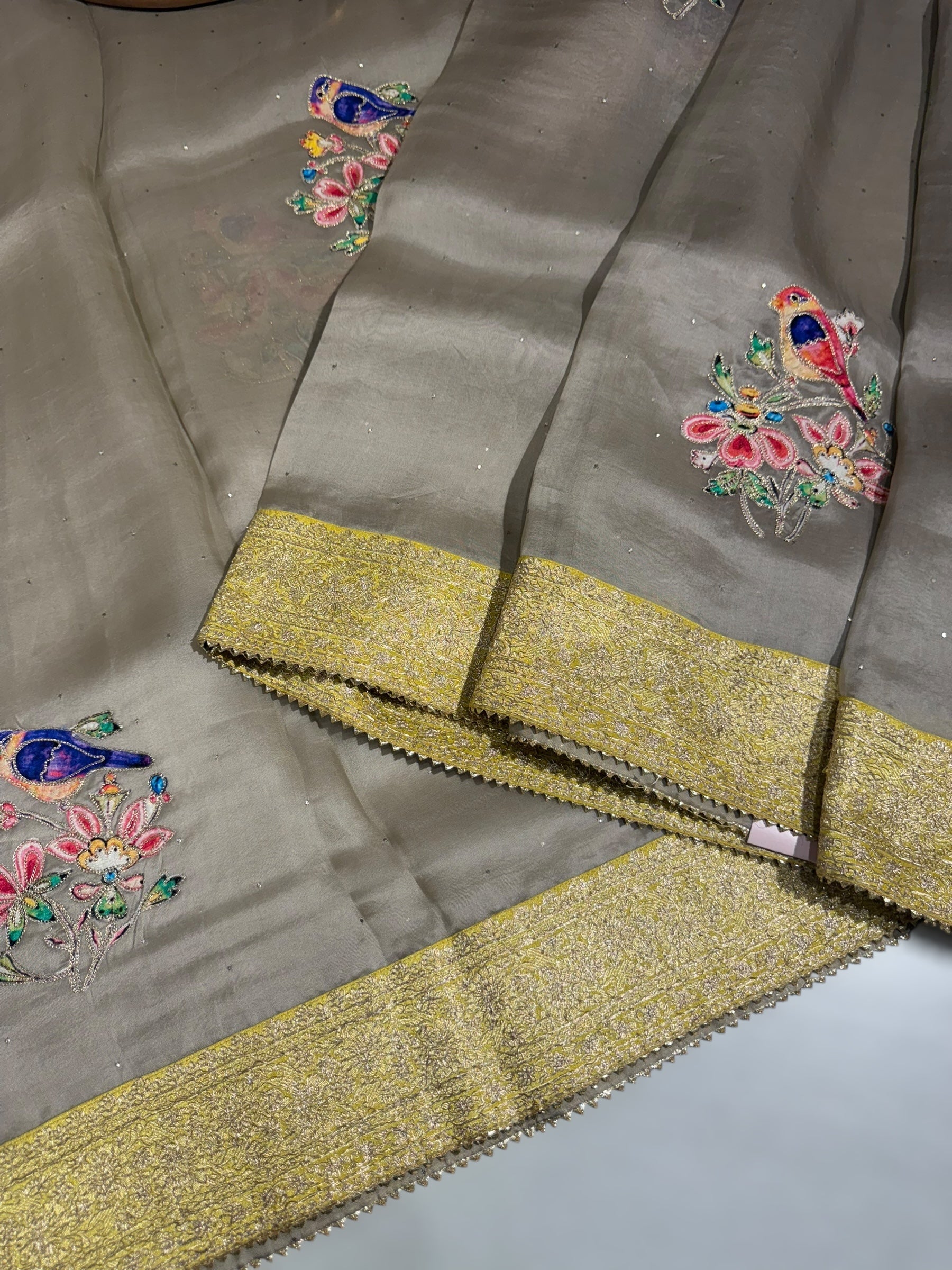 Earthy Tone Pure Organza Saree with banarasi pitawork border and bird applique motifs allover the saree