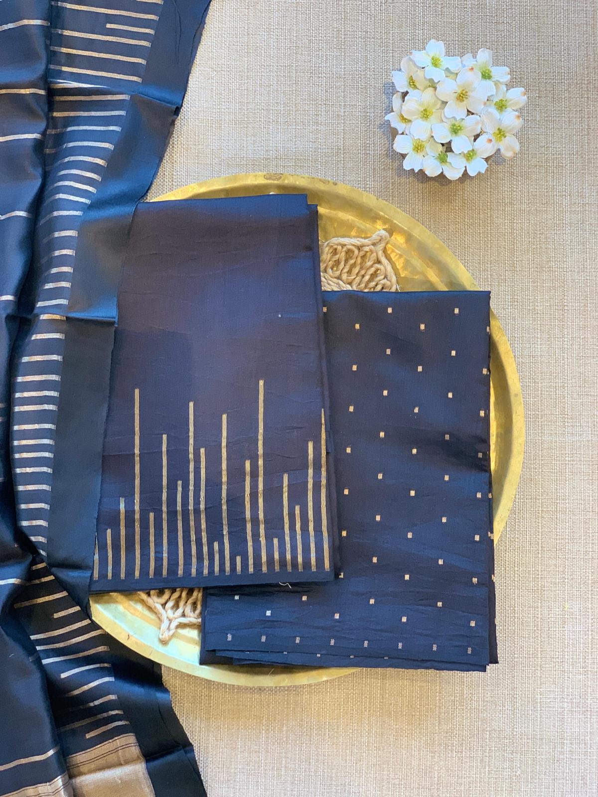 Mid night Blue Banarasi Handloom Chiniya Silk 3-pc Suit Set