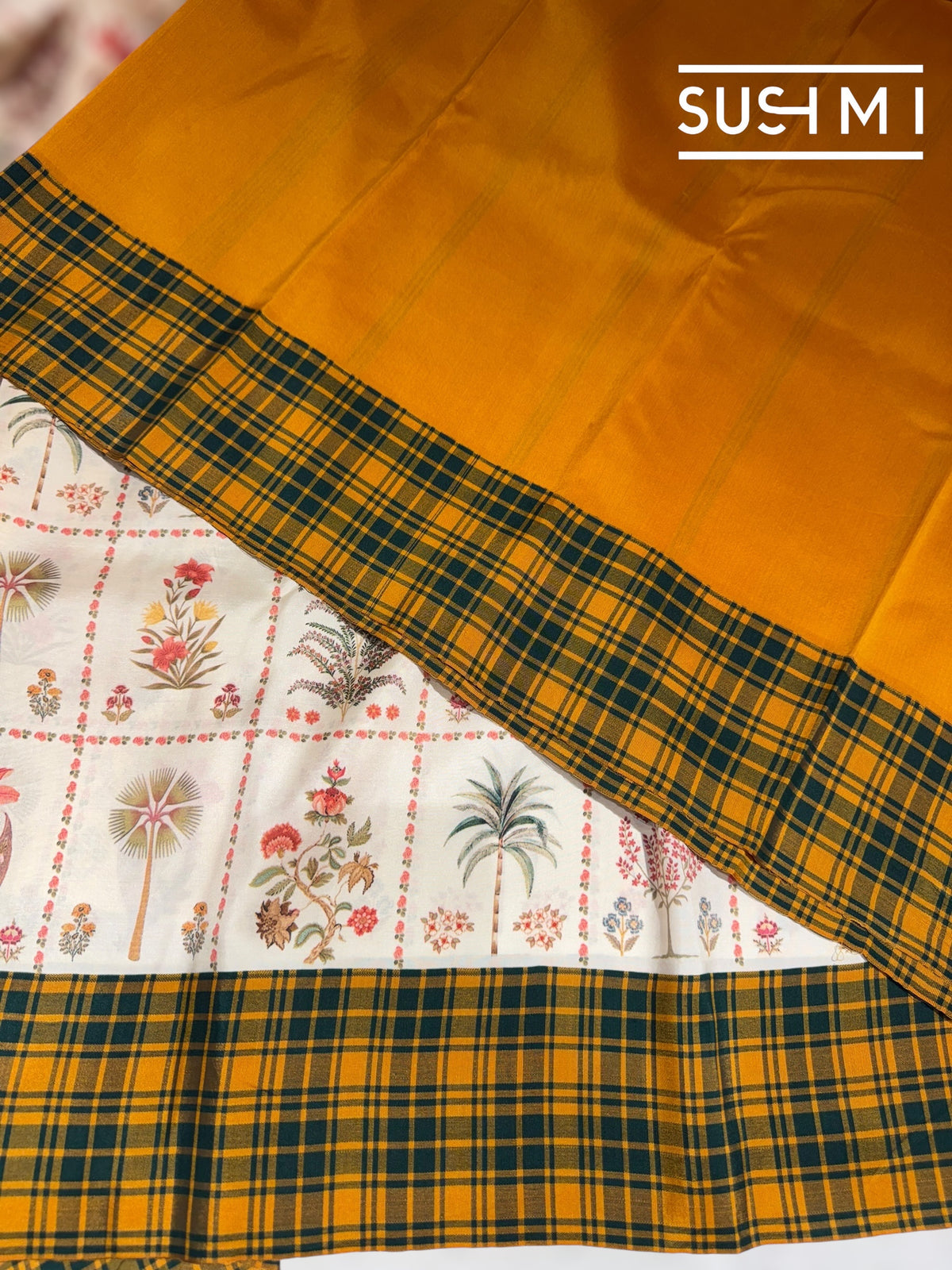 Ivory printed soft silk saree with burberry checks border : D62F034