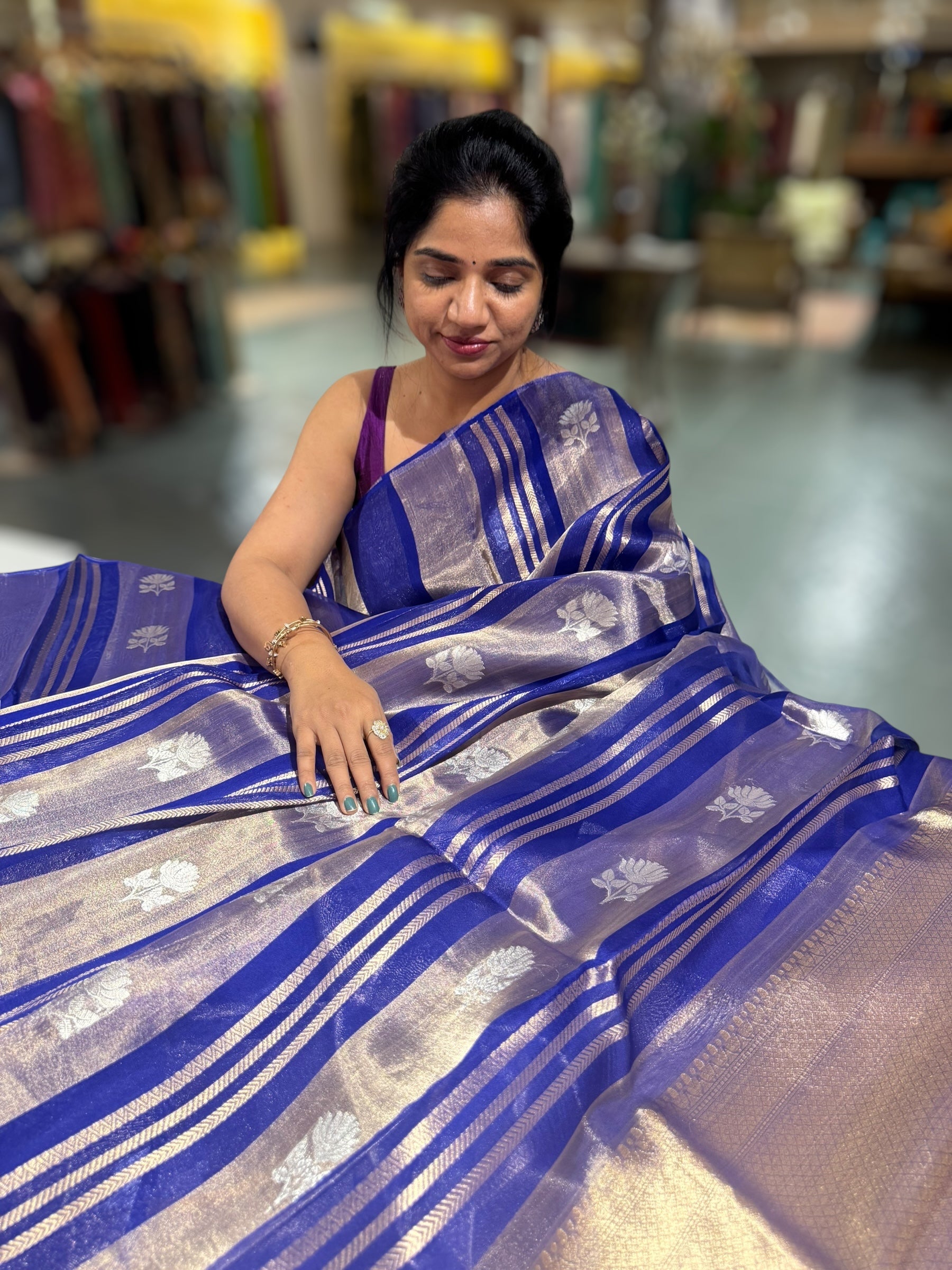 Royal Blue Banarasi Handloom Kora Tissue Stripes with allover kaduwa woven lotus  motifs .