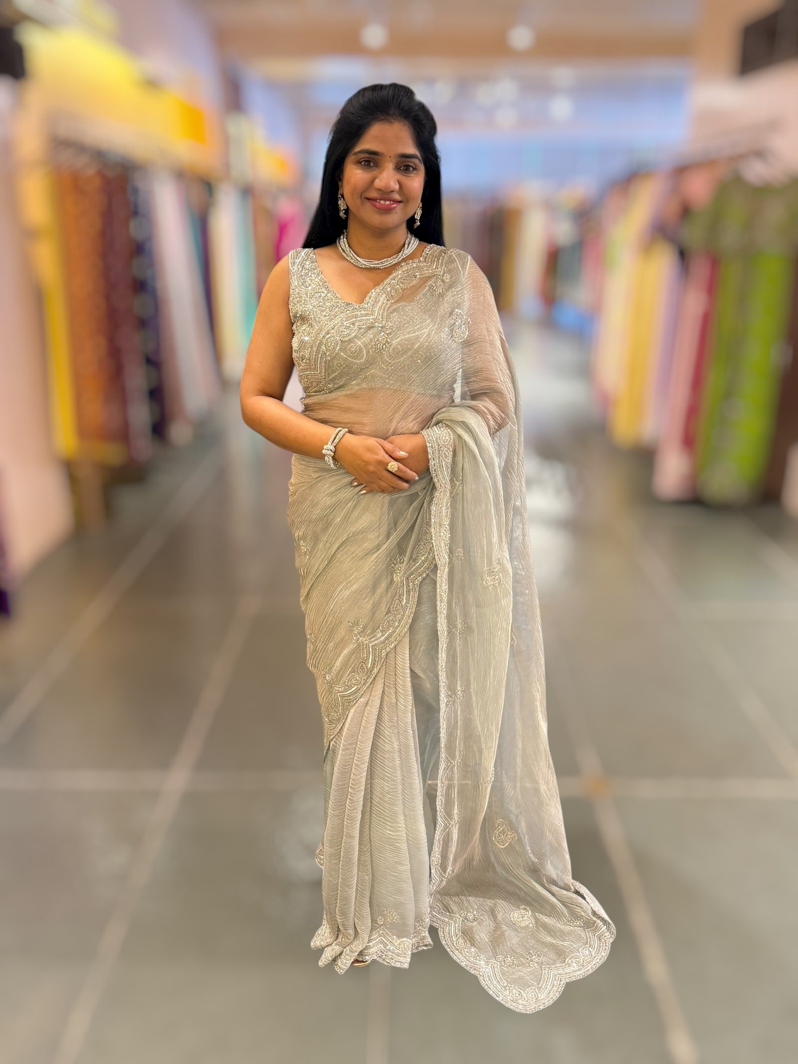 Pastel Bluish silver Crush Tissue handwork Saree