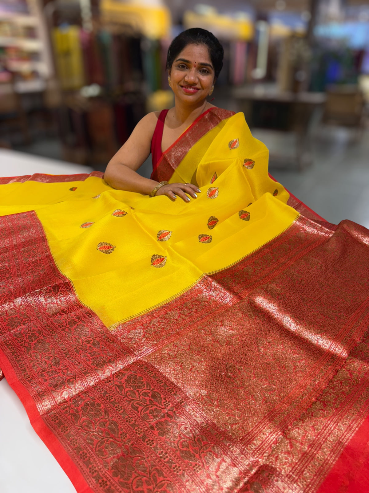 Sunflower Yellow & Orangish Red Combo Kora Banarasi Saree with Meenakari Kaduwa woven motifs