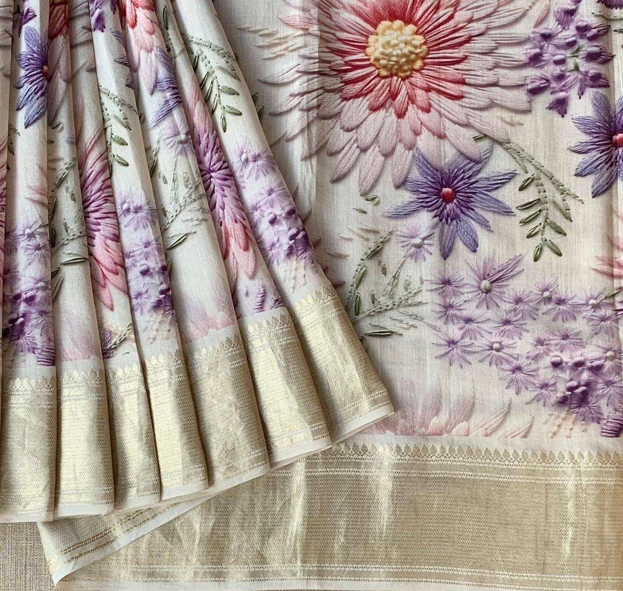 Ivory Pure Handloom Chiniya Silk Saree with stunning Floral Print and zari borders