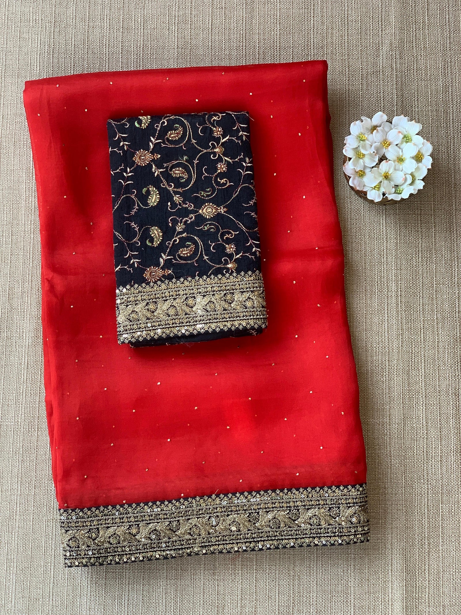 Red Organza with sabyasachi borders
