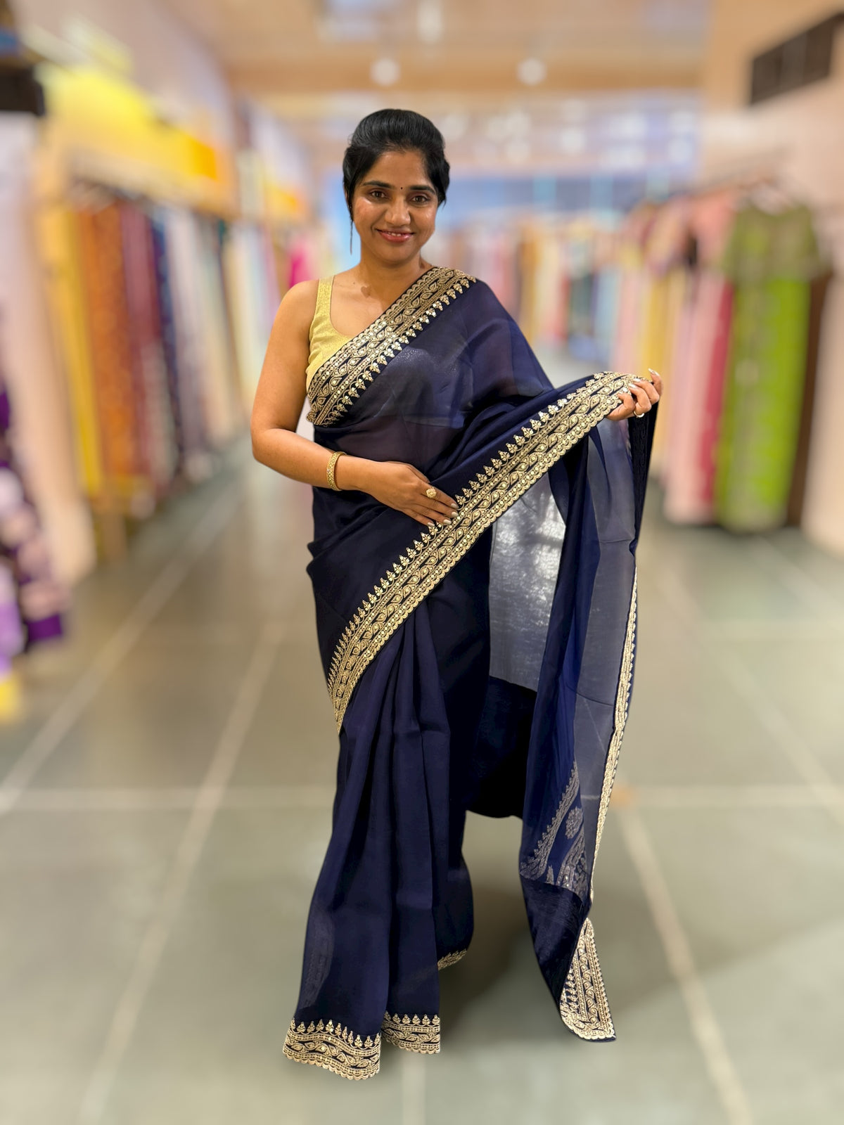 Navy Blue Pure Organza Saree with sabyasachi borders and blouse