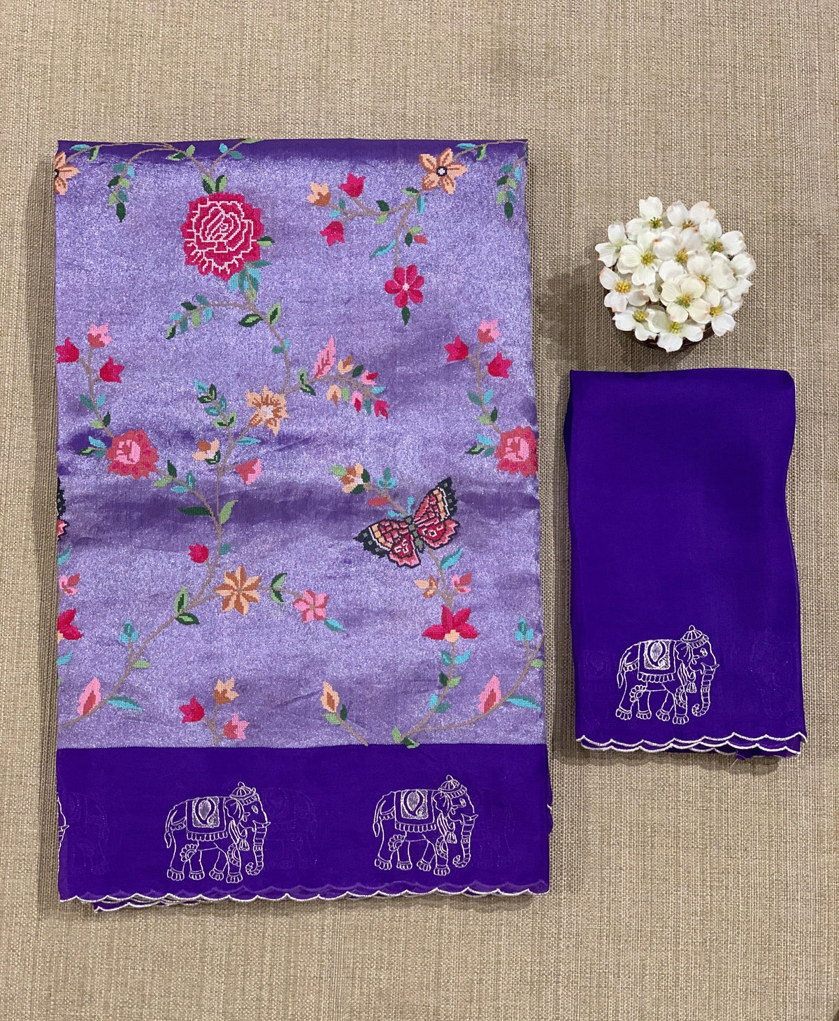 Purple Premium Handloom Designer Tissue saree with exquisite embroidery