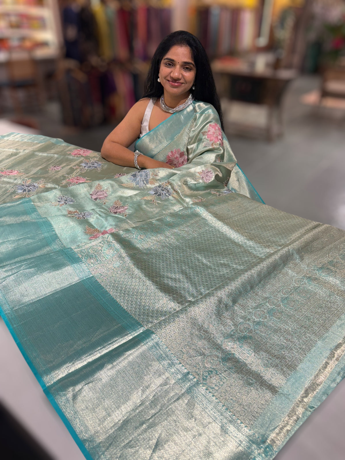 Mint Blue Designer Kanchi Saree with allover embroidery