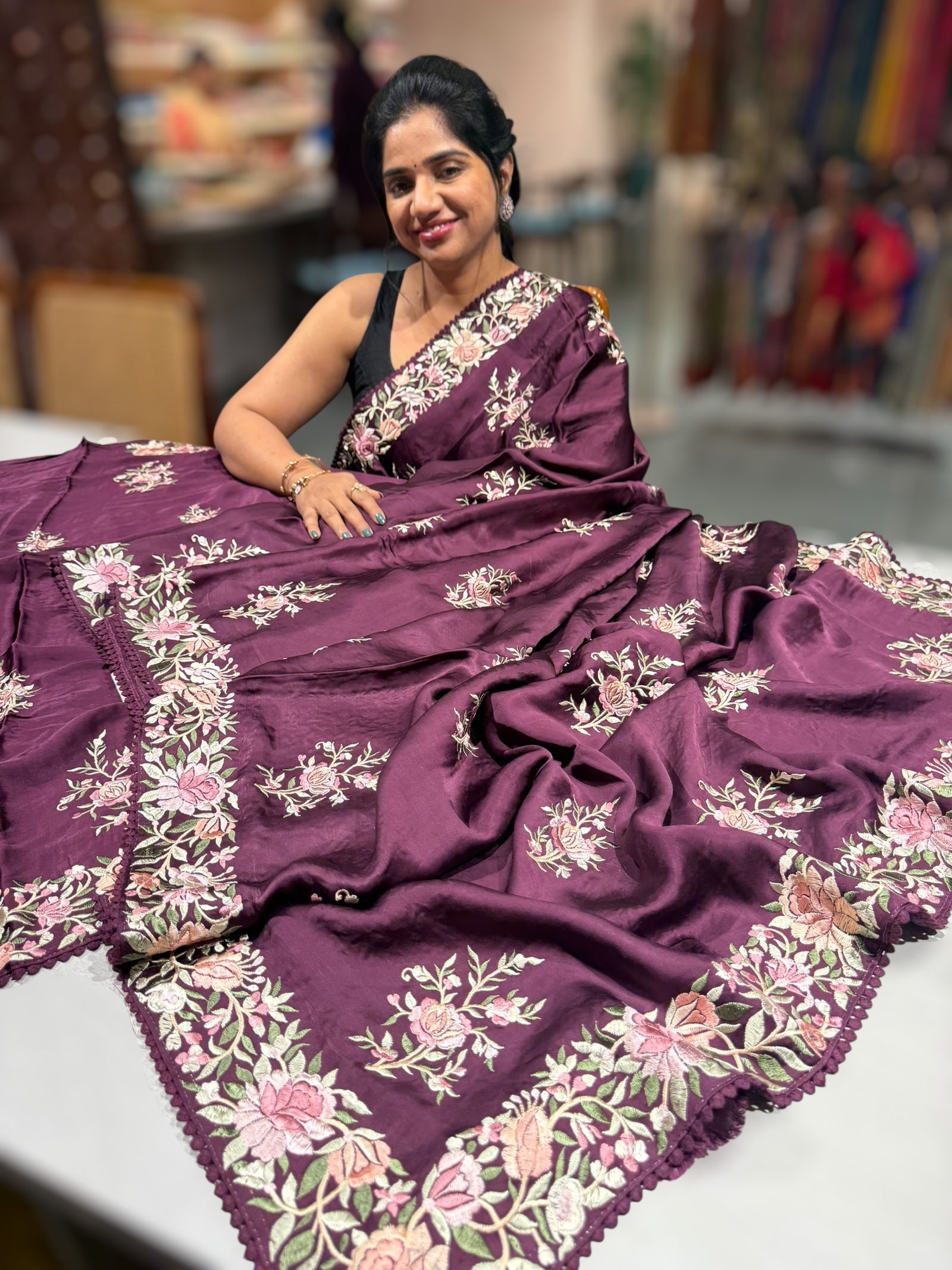 Wine Satin Saree with Parsi Gara embroidery