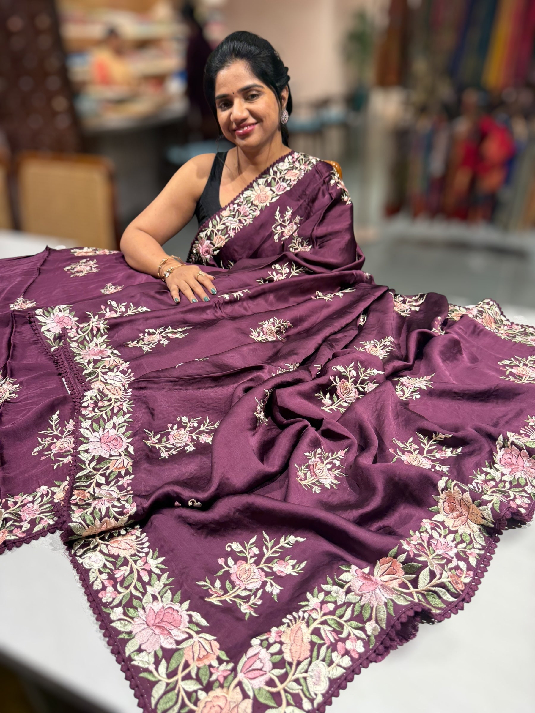Wine Satin Saree with Parsi Gara embroidery