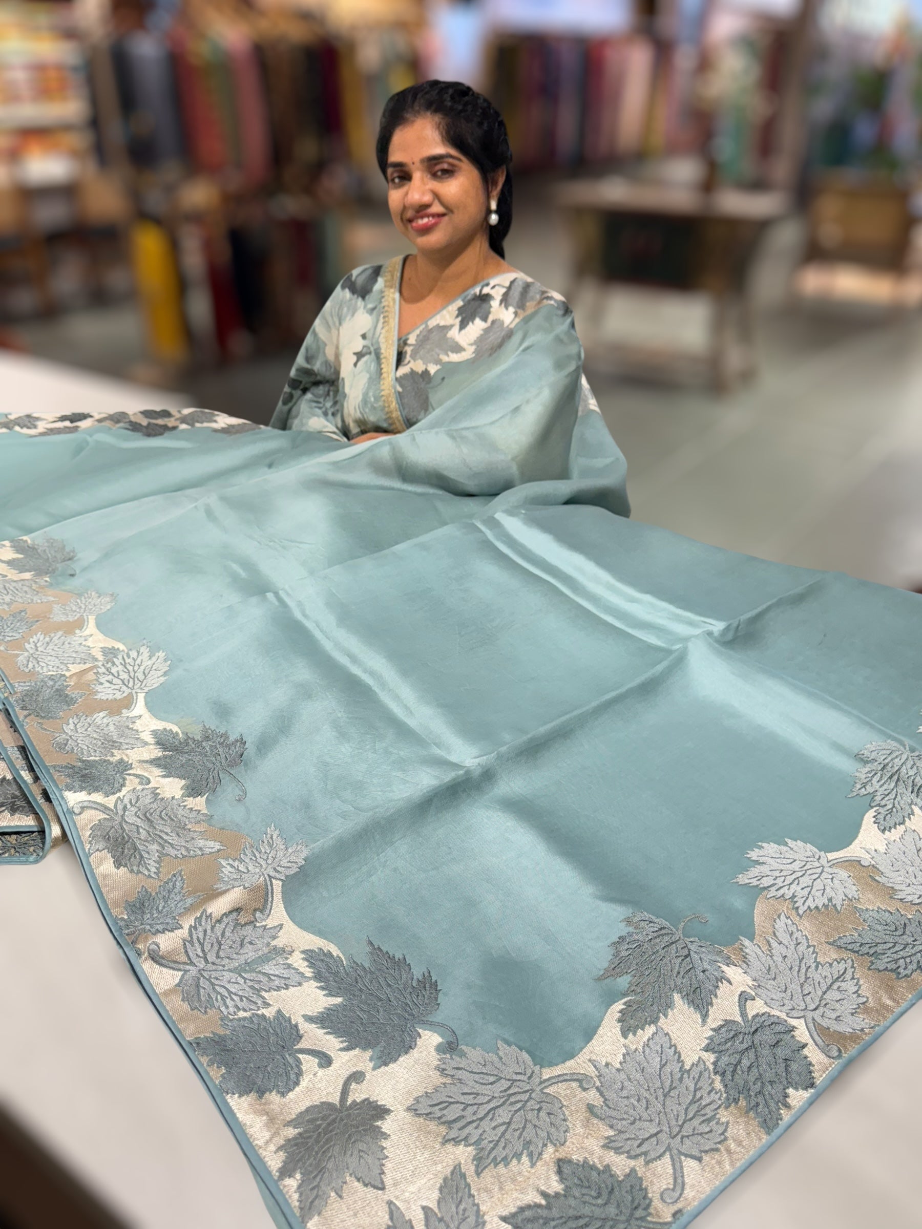 Dark Powder Blue Organza Saree with Stunning Leaf Embroidered Border