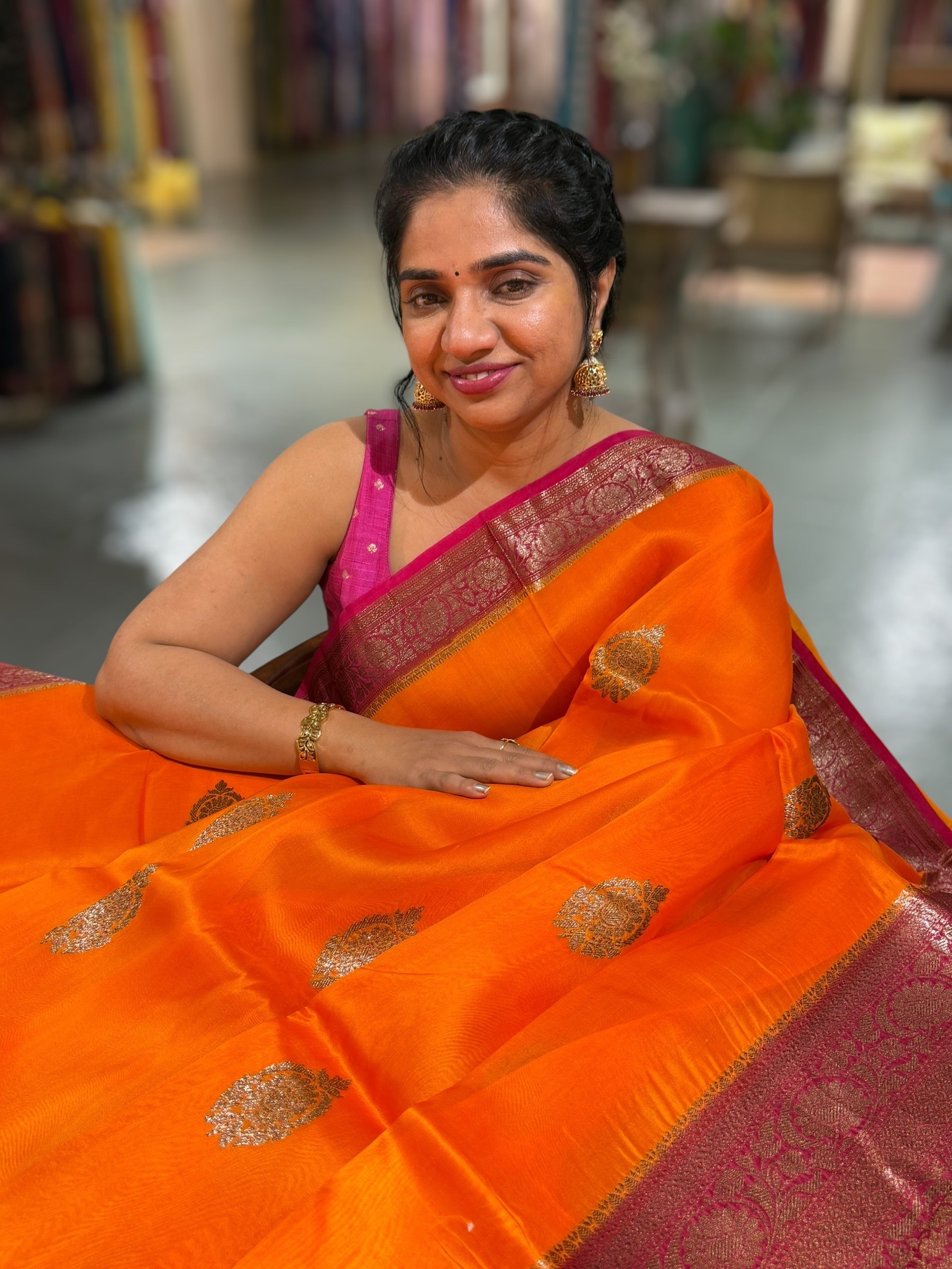 Orange & Ruby Pink Pure Handloom Kora Banarasi Saree