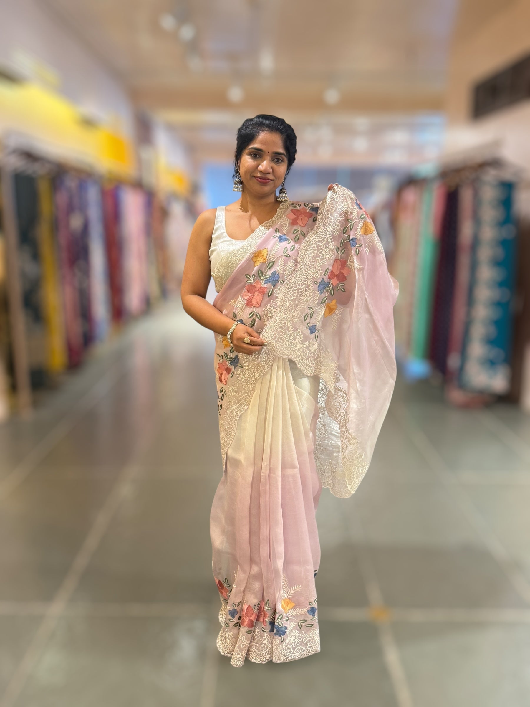 lilac & Silver Ombre dyed Tissue Saree with Cutwork embroidered Borders