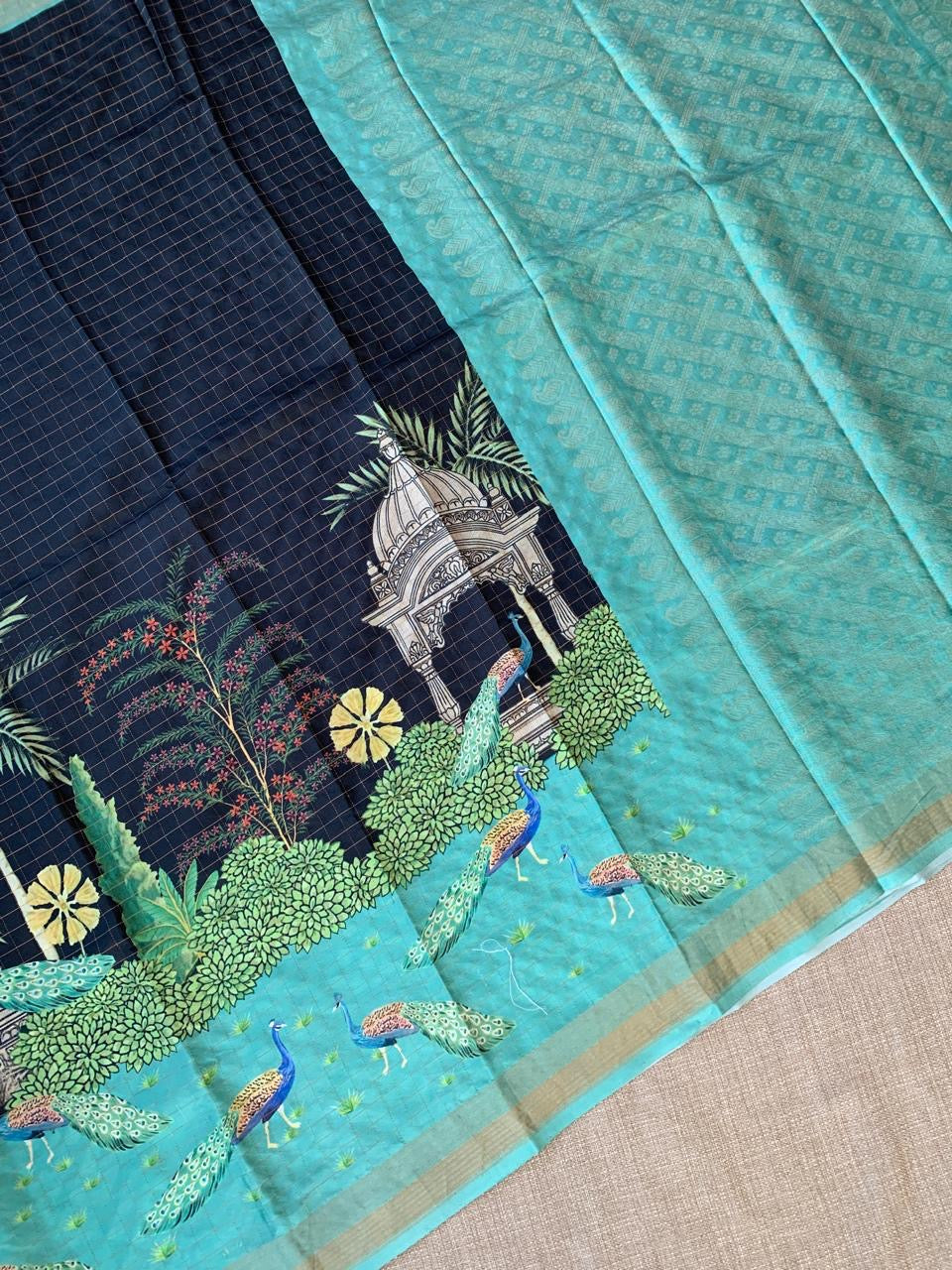 Black Checks Soft Silk with beautiful Skirt Border Peacock Print