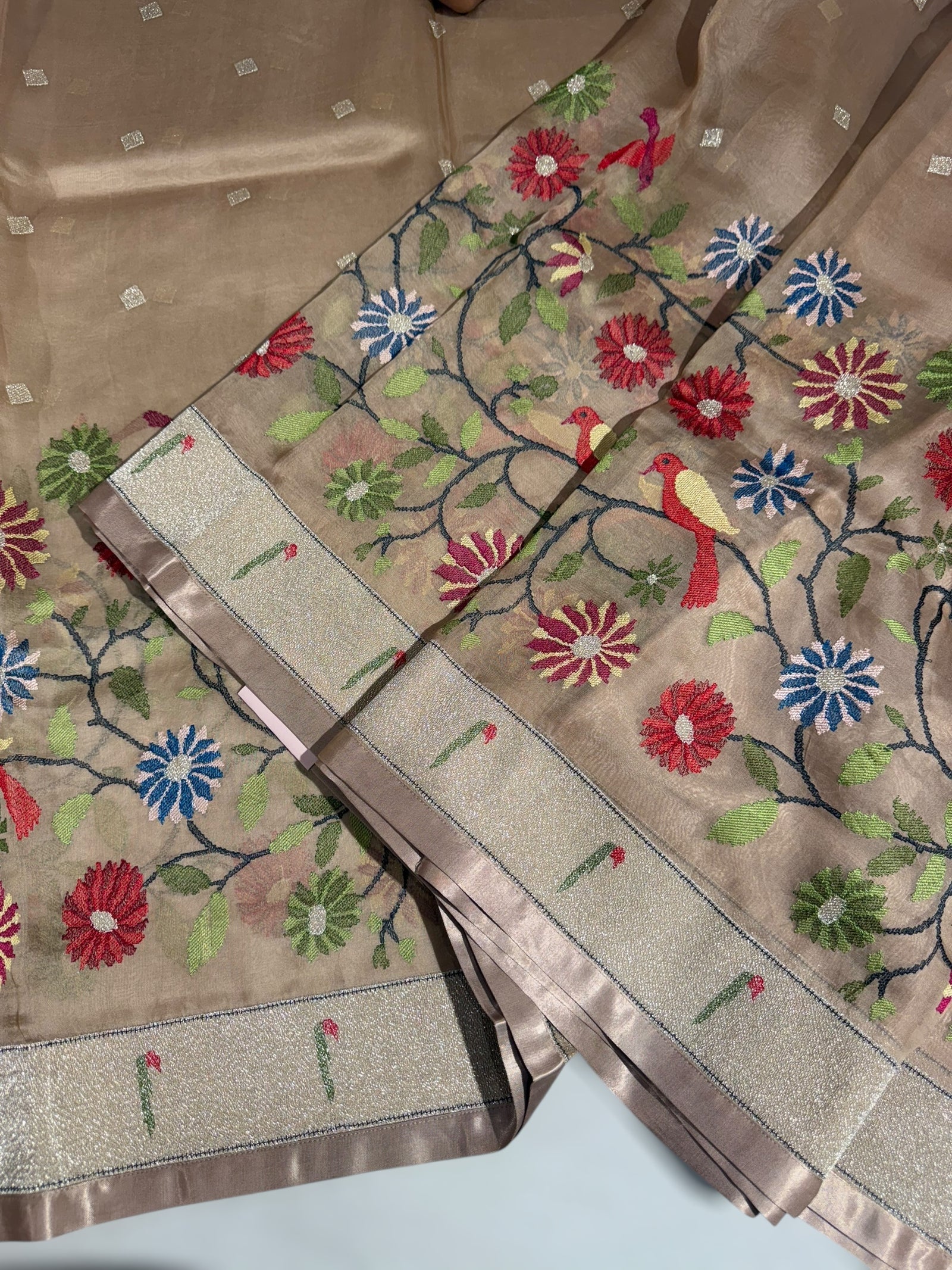 Light Brown Earthy Tone Pure Organza Saree with pythani insipred embroidery