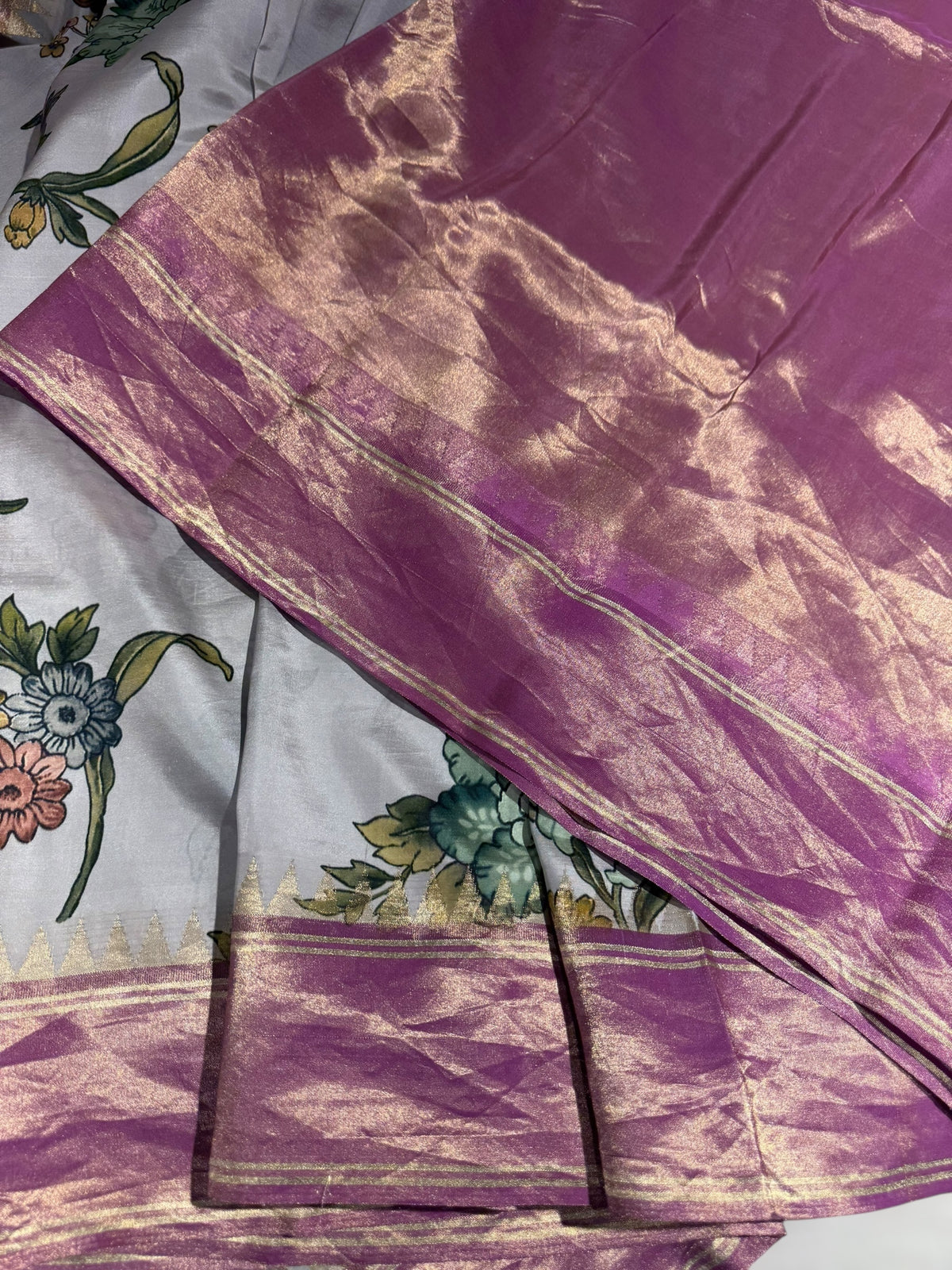 Silverish Grey Kanjeevaram Designer print saree