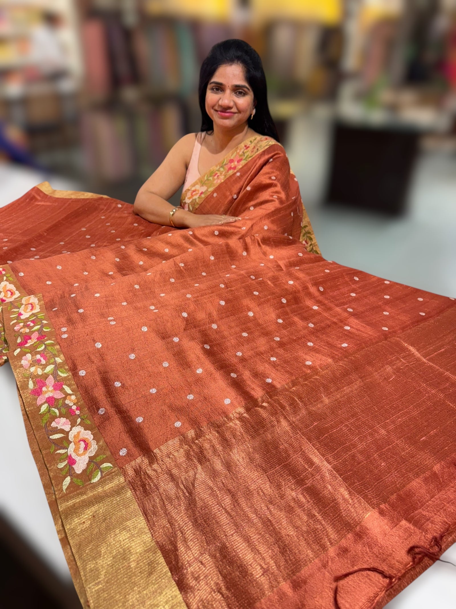 Rust Raw Silk Saree with Embroidery