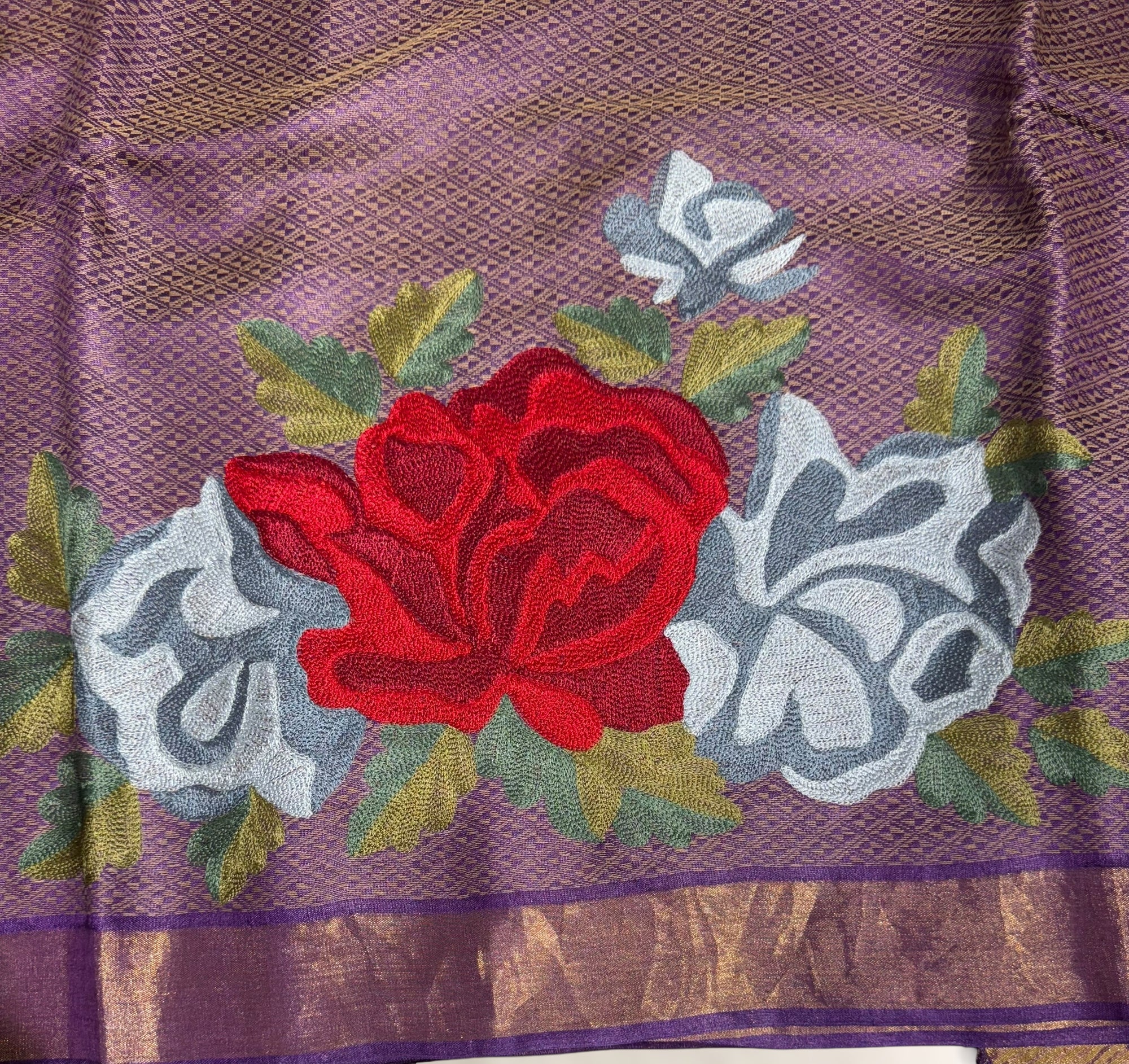 Brinjal Tussar Brocade Saree With Statement Red Rose Embroidery.