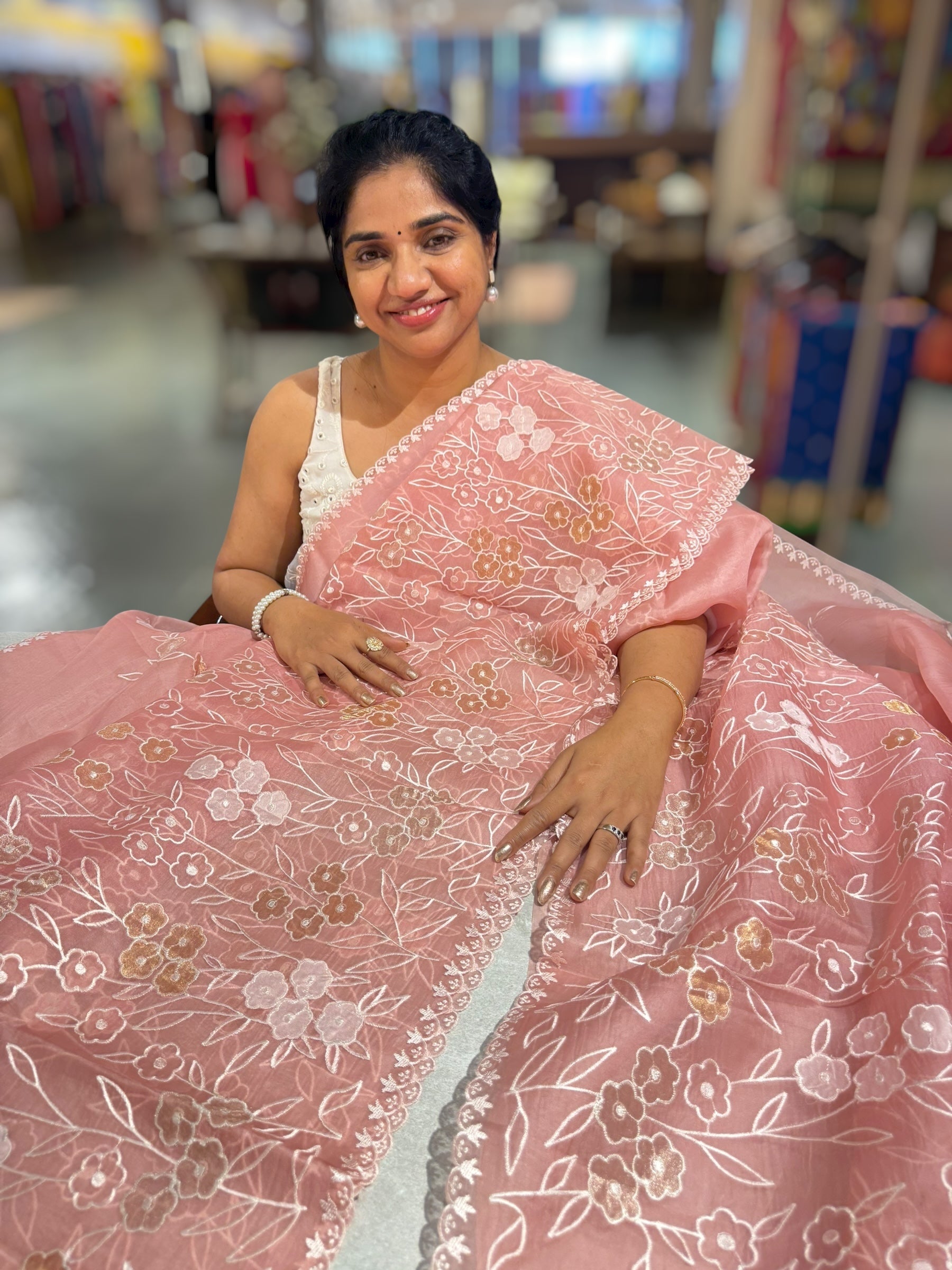 Peach Pink Organza Saree With Tissue Applique Work