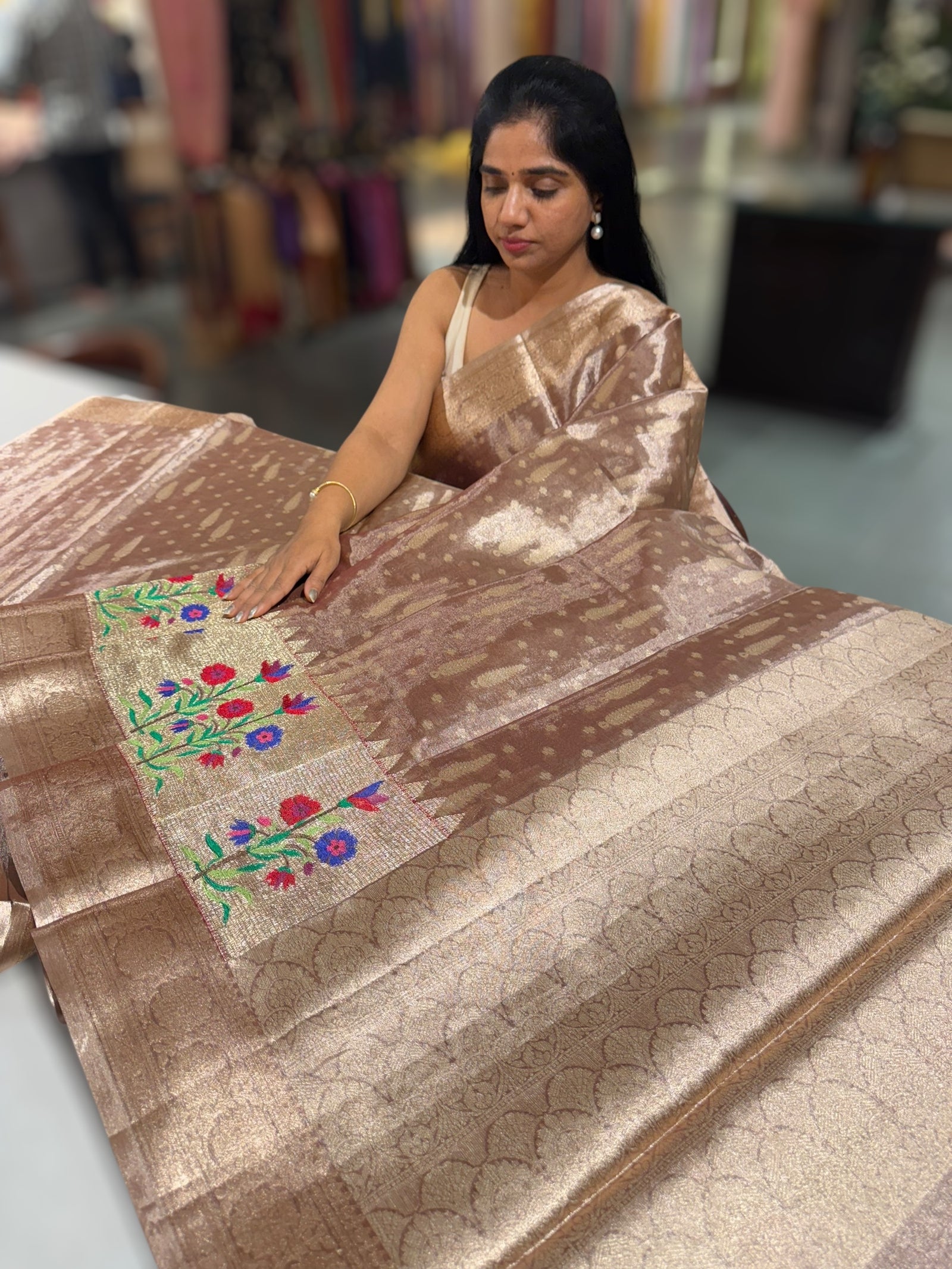 Antique brown banarasi tissue with embroidery