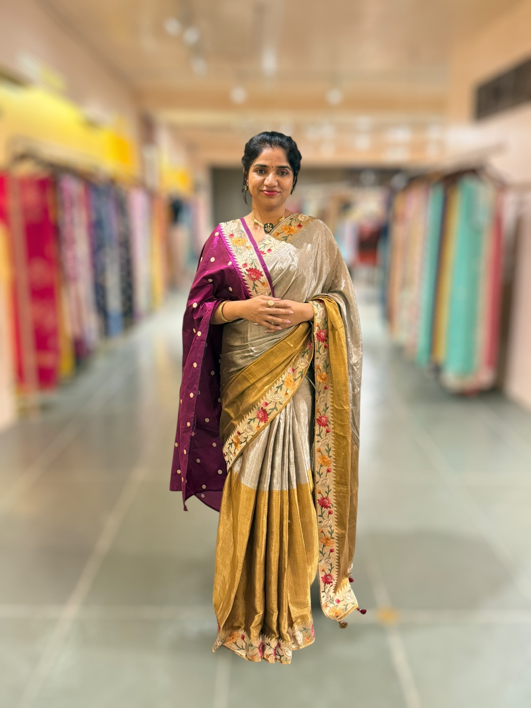 Handloom Tissue Saree with Paithani inspired embroidered border.