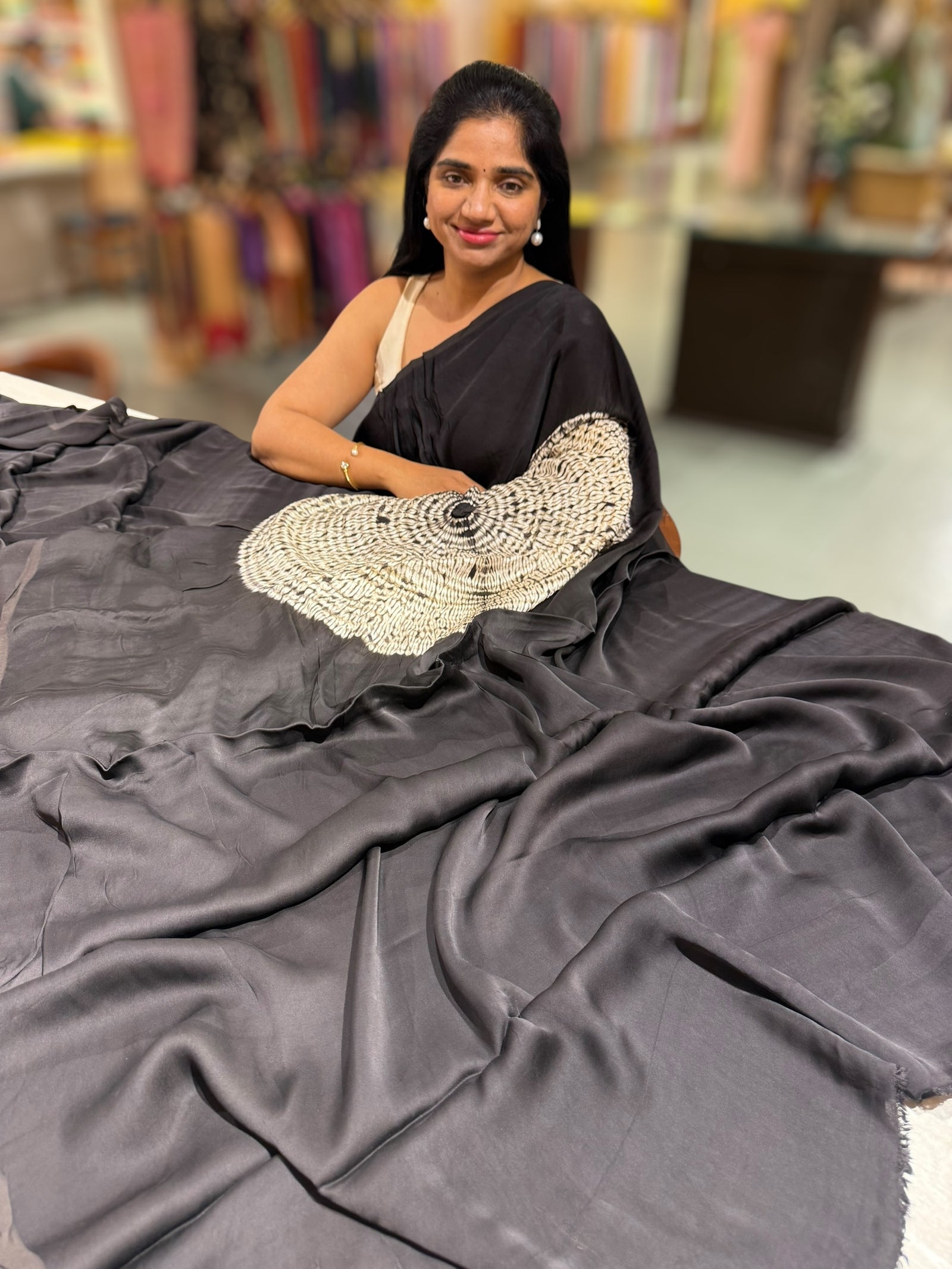 Black gajji silk saree with bandhini circular pallu