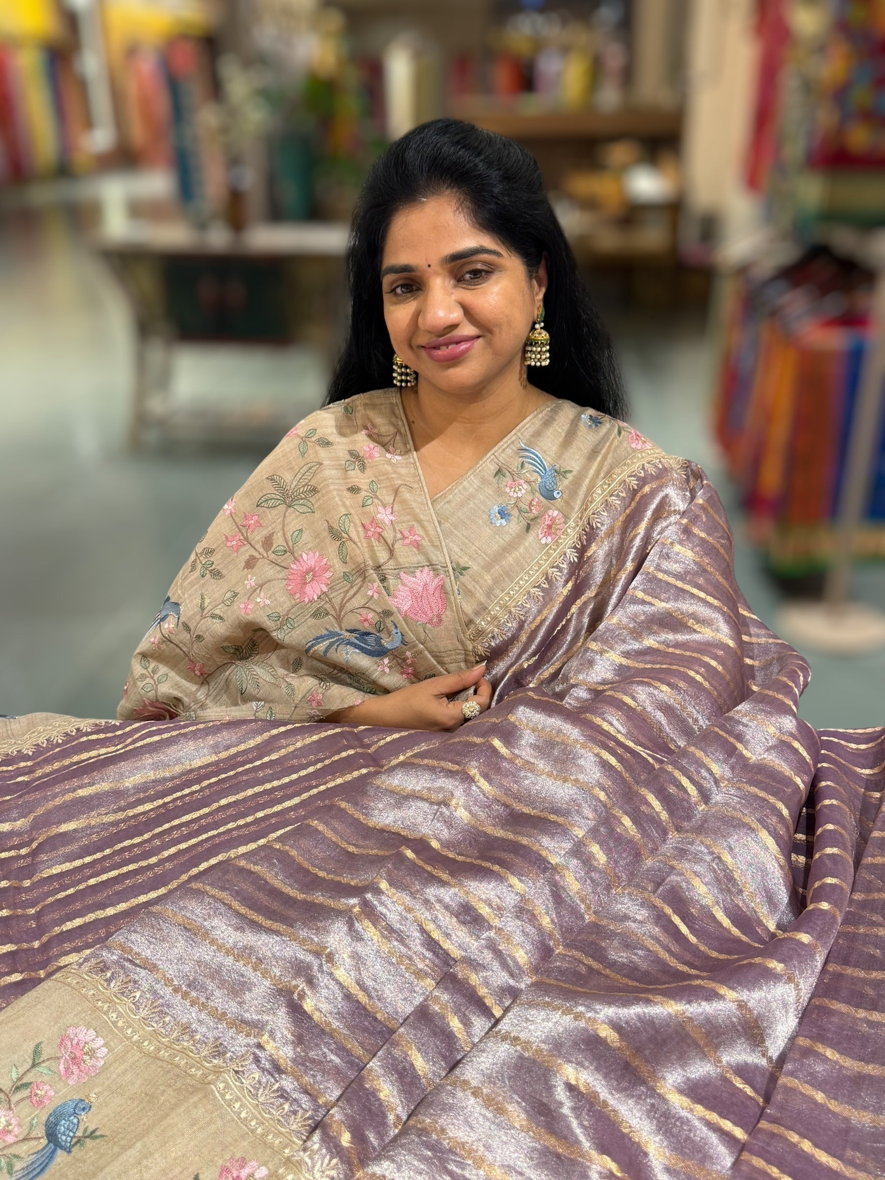 Mauve Pure Handloom Tissue Saree with pure Tussar embroidered border