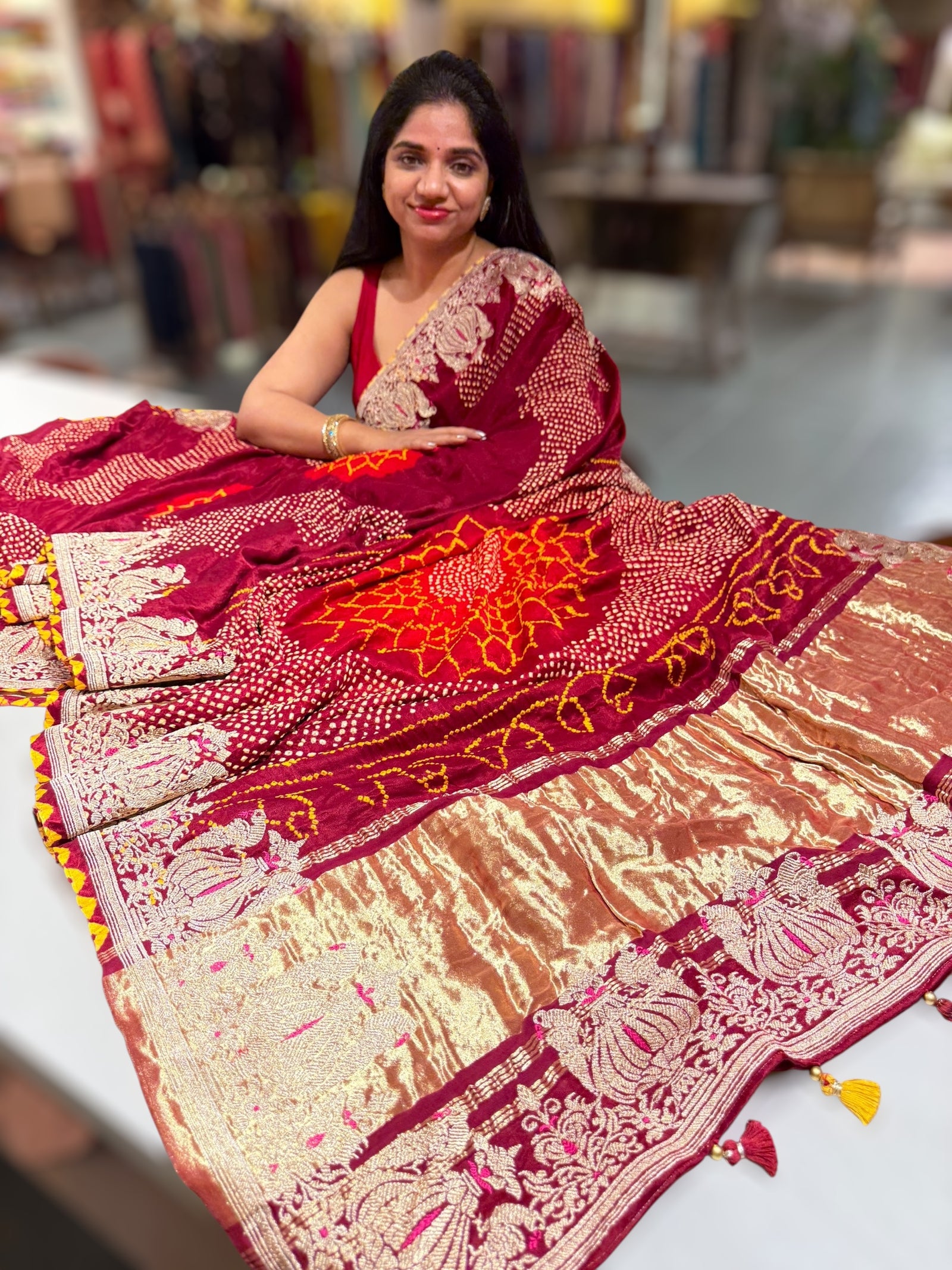 Burgundy Designer Rai Bandhej Saree With Embroidered Border