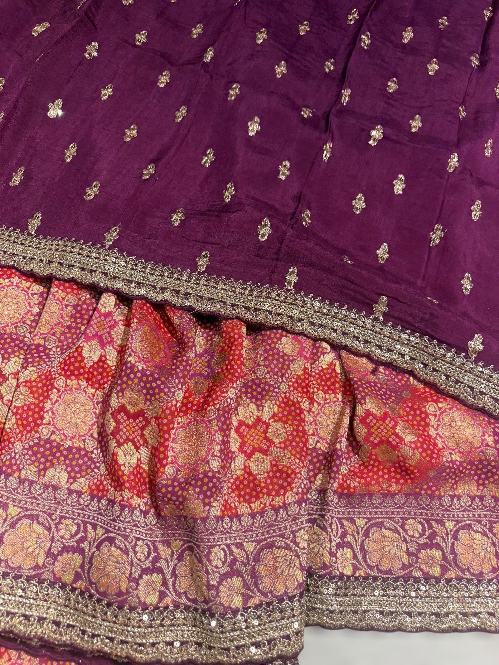 orangish Red & Wine Banarasi bandhini georgette