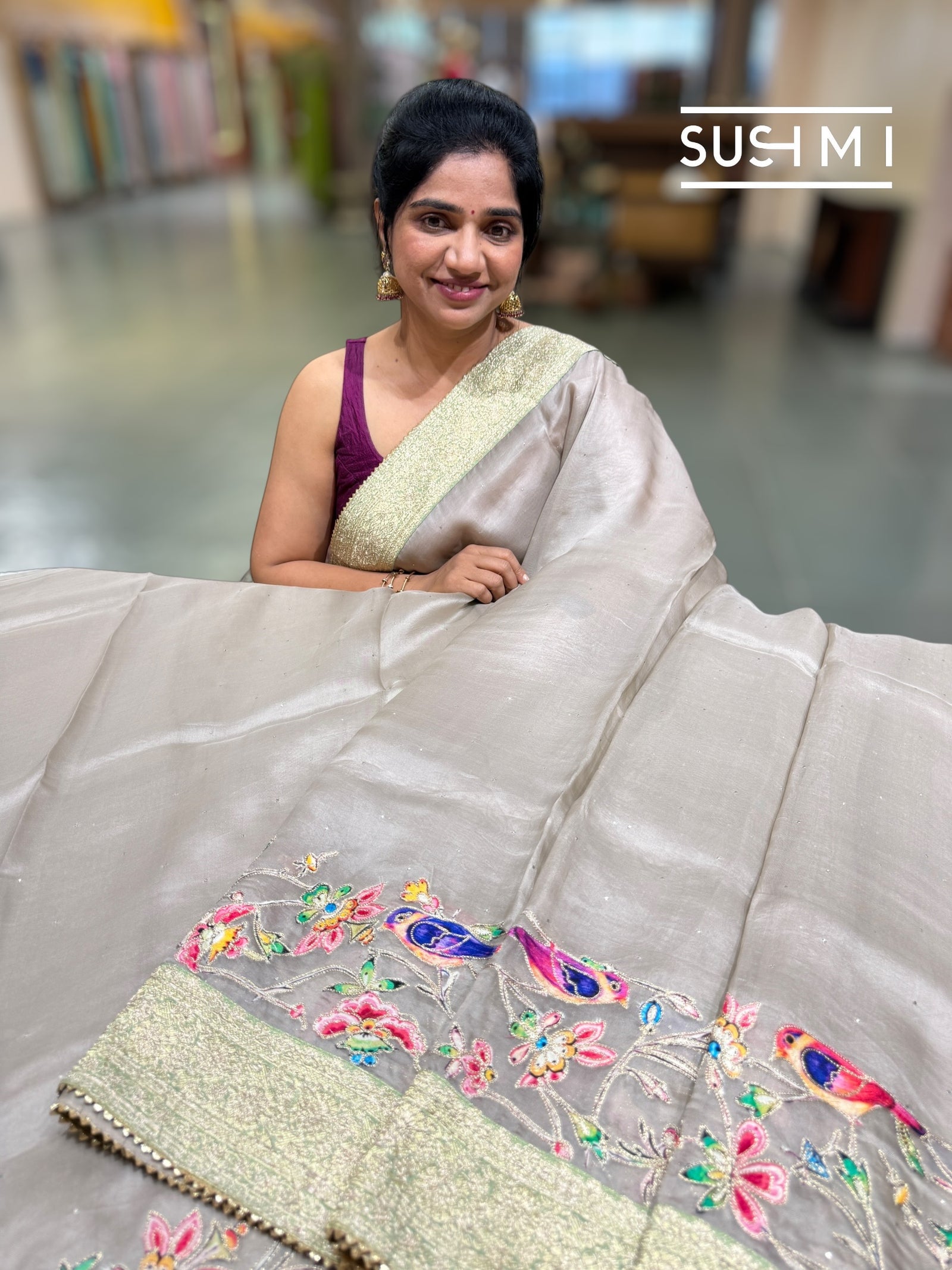 Muted Earthy Dove tone Organza Banarasi Fusion Saree with Bird Appliqué : SM022