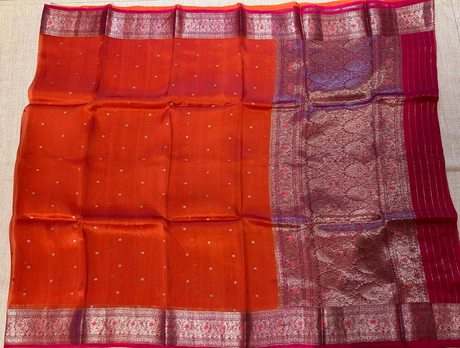 Reddish Orange and pink combo Pure Handloom premium Kora Banarasi Saree with meaanakati border