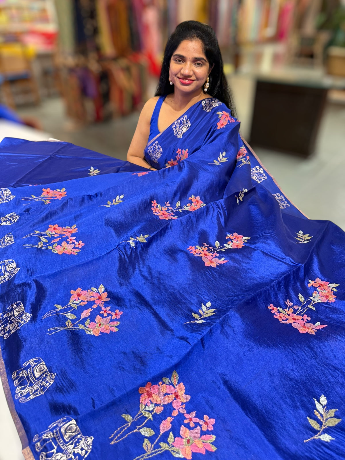 Electric Blue Banarasi Silk Saree with petite point & Pita embroidery
