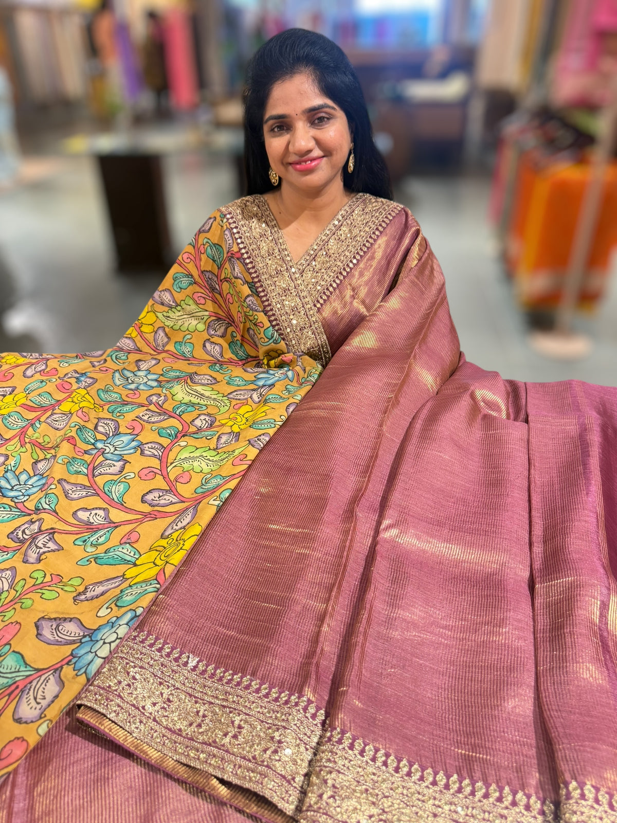 Wine kora Muslin Tissue fusion saree