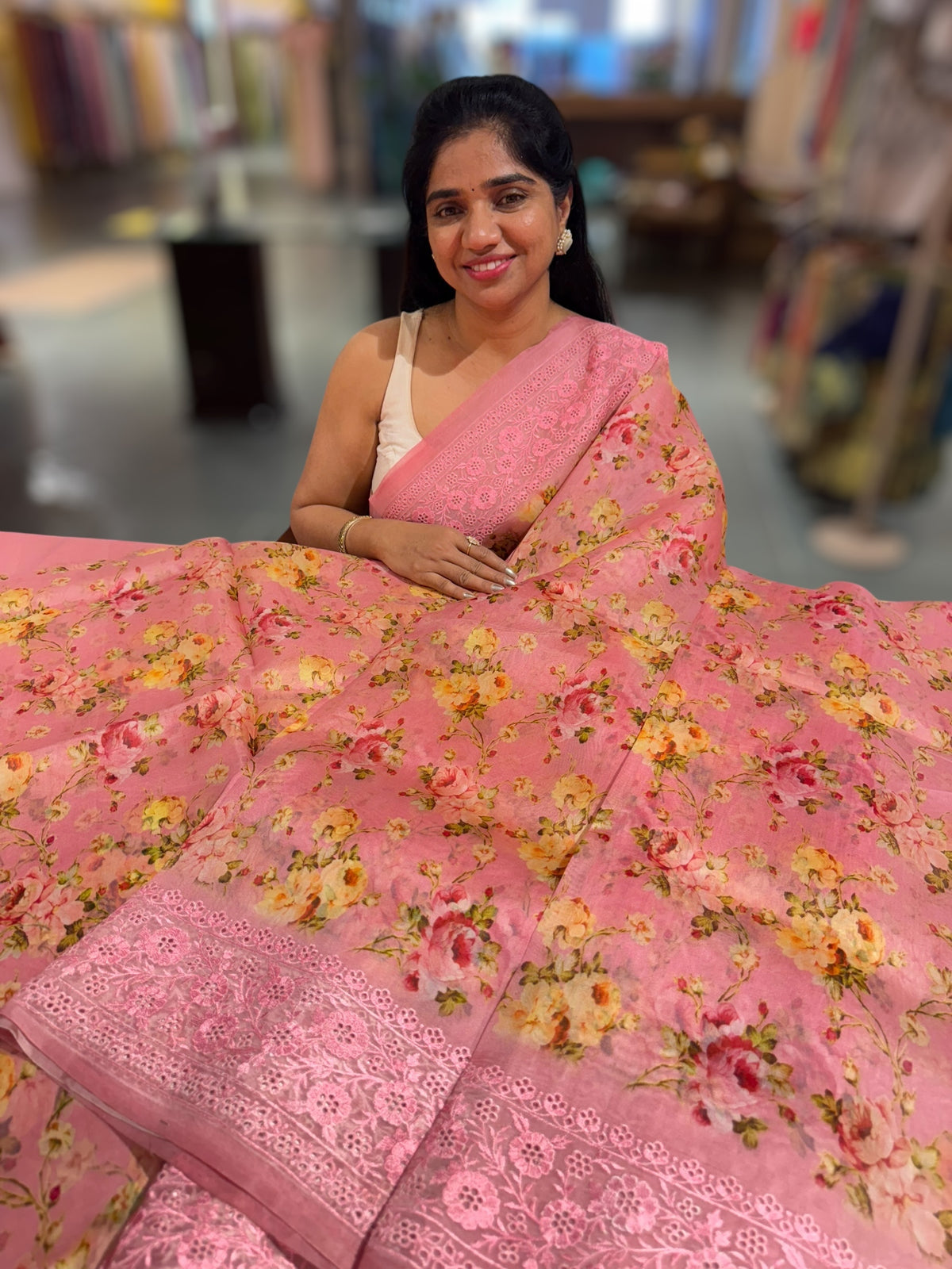 Rose pink floral Organza saree