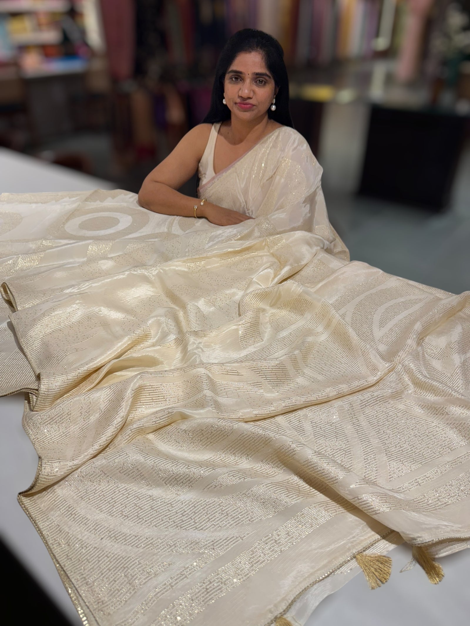 Ivory Chinnon saree with threadwork