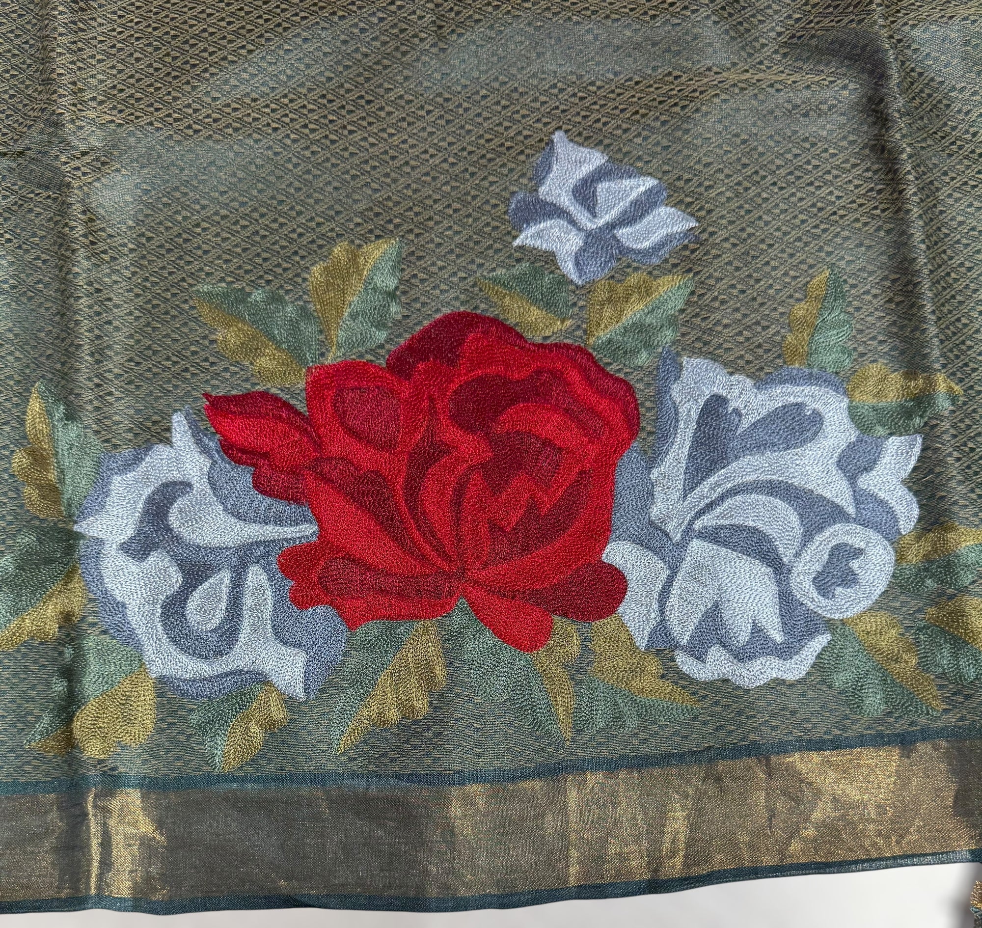 Sage Green Tussar Brocade Saree With Statement Red Rose Embroidery.