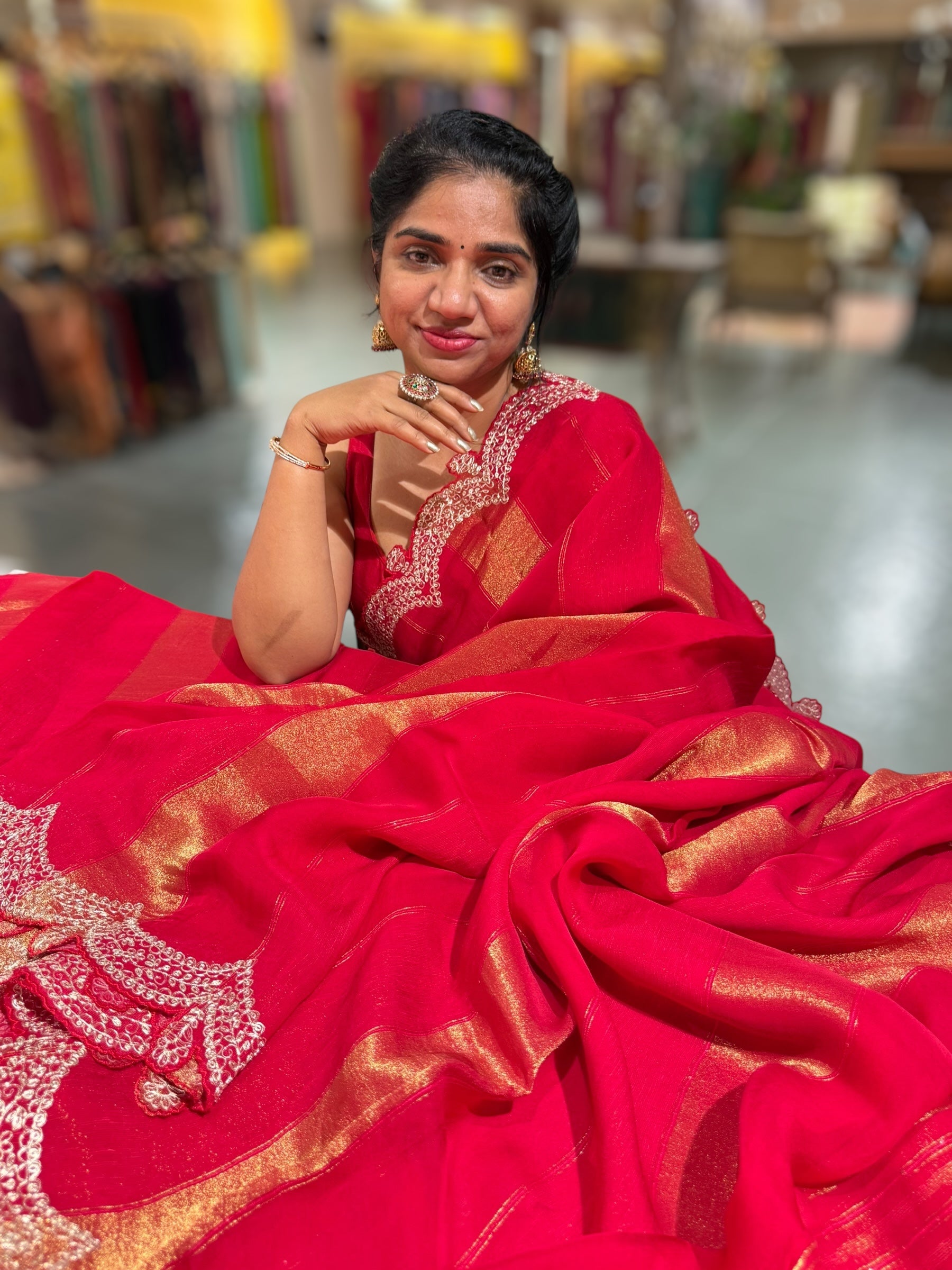 Red Organza and Tissue stripes Saree with Pita Embroidery