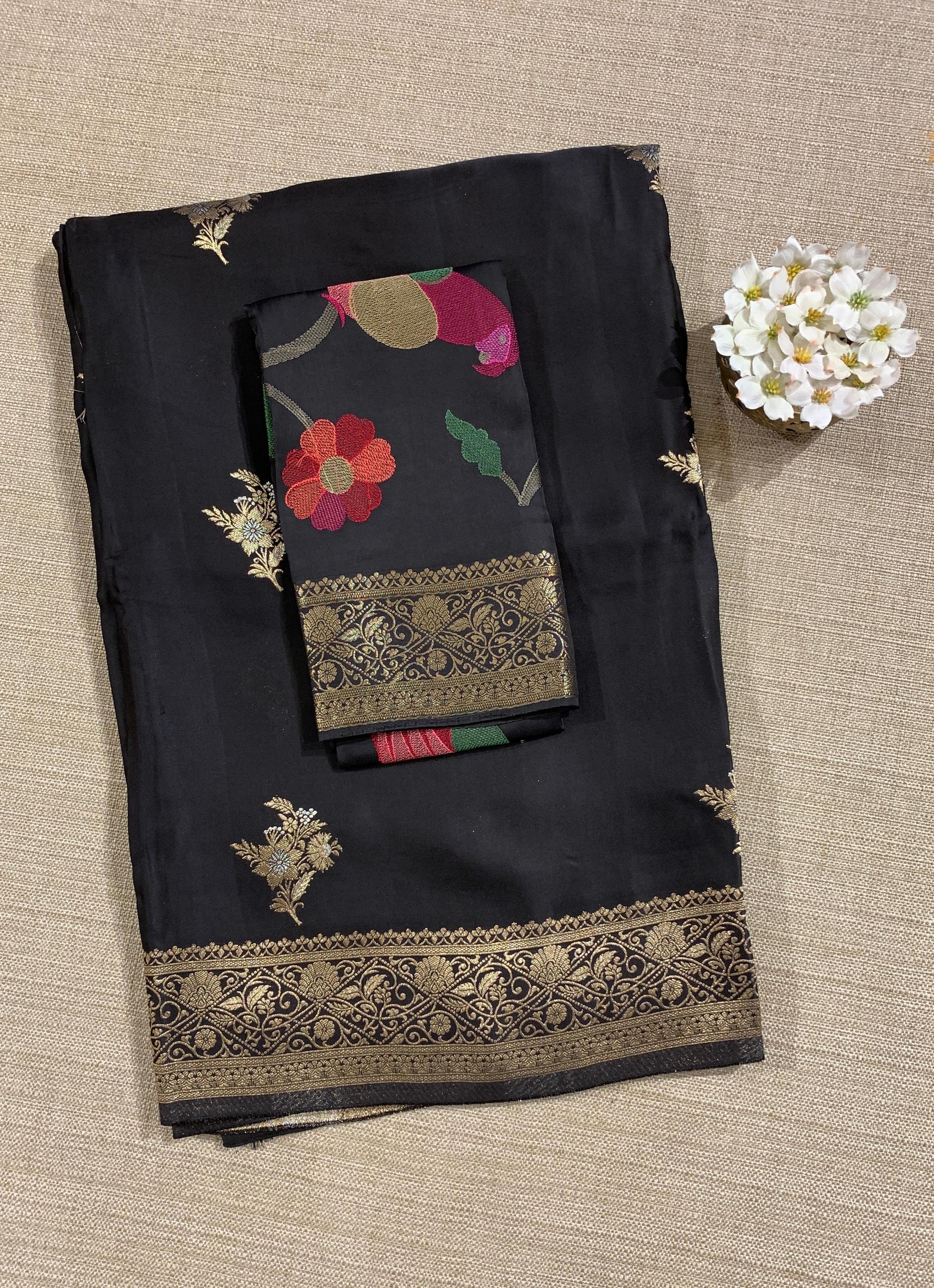 Black Mashru Silk Saree with Paithani inspired embroidered blouse